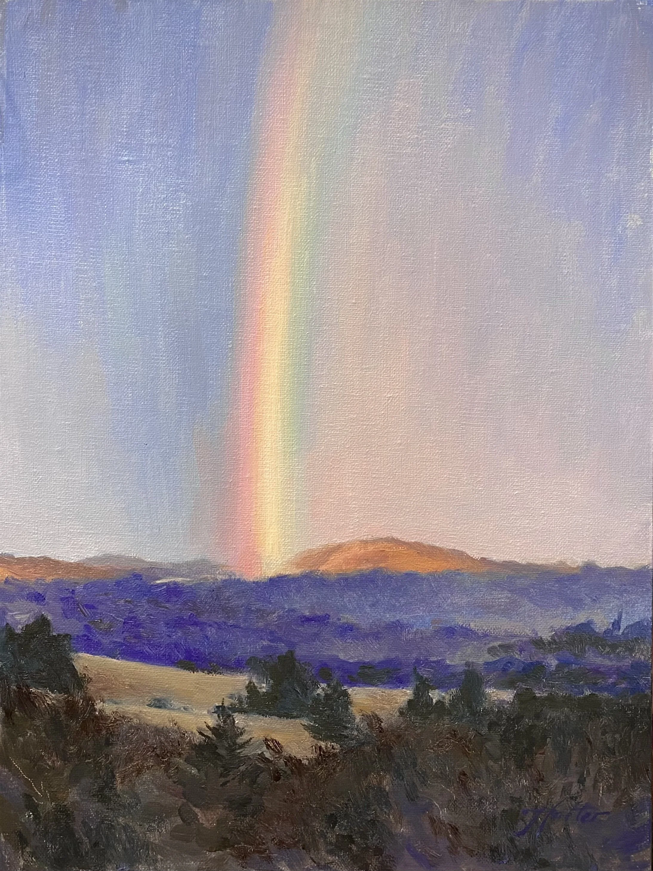 Painting of a landscape featuring a rainbow in the sky over distant hills, with purple vegetation and dark trees in the foreground.