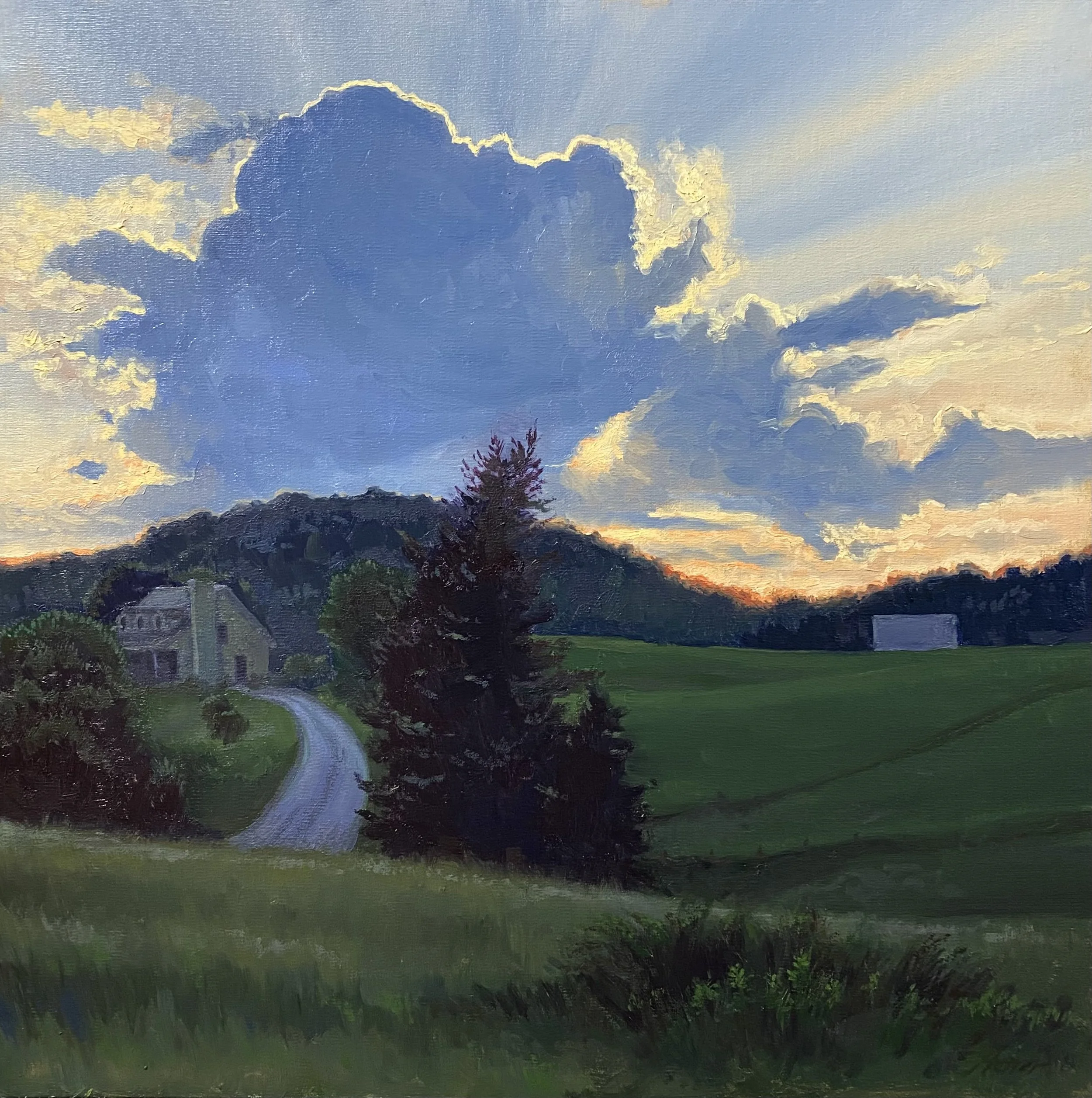 A painting of a rural landscape at sunset, showing a winding driveway leading to a house, green grassy fields, trees, and hills with a large cloud in the sky.