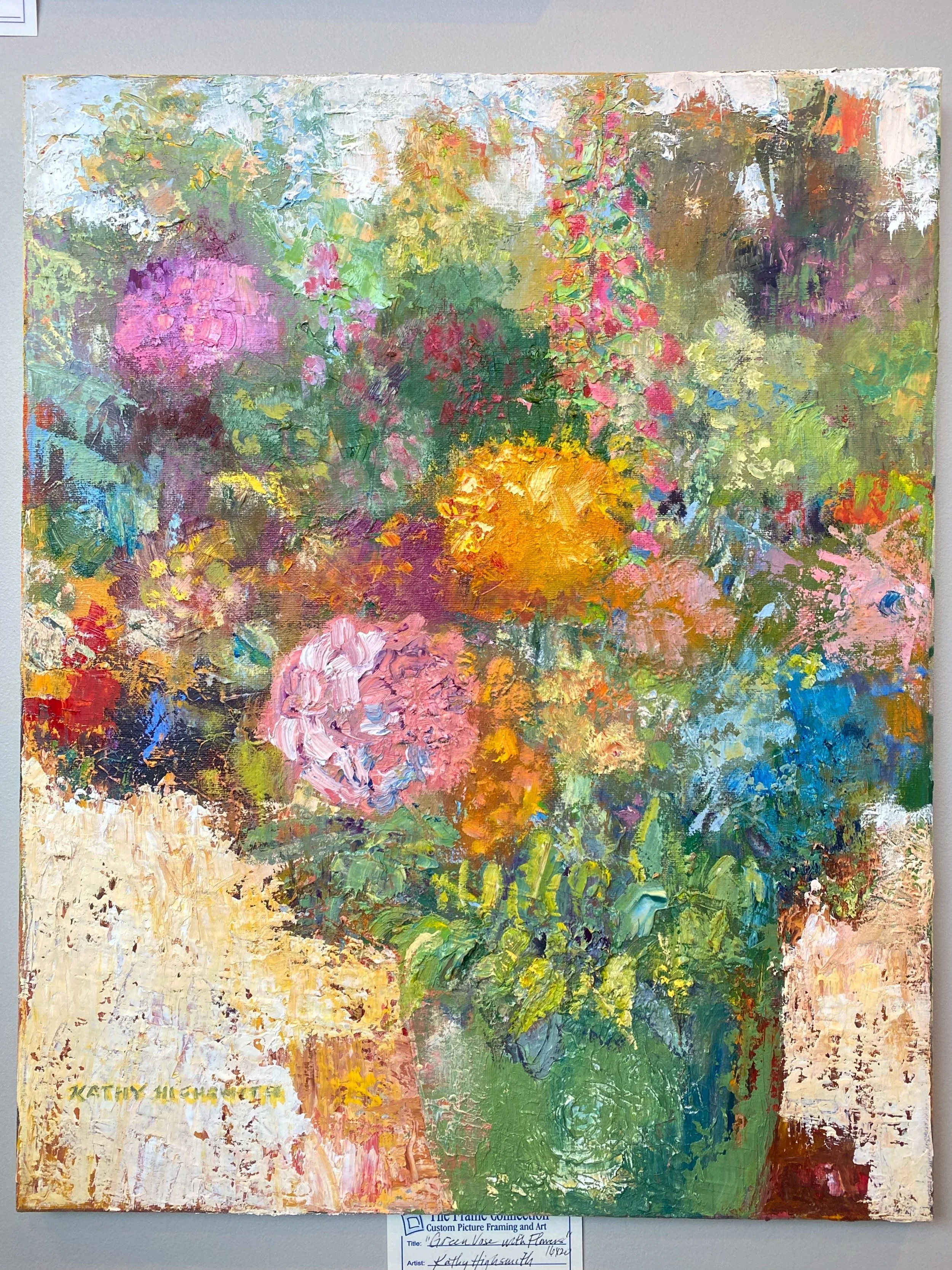 Abstract oil painting of a colorful garden scene with various flowers and greenery, featuring pink, yellow, purple, and green hues.