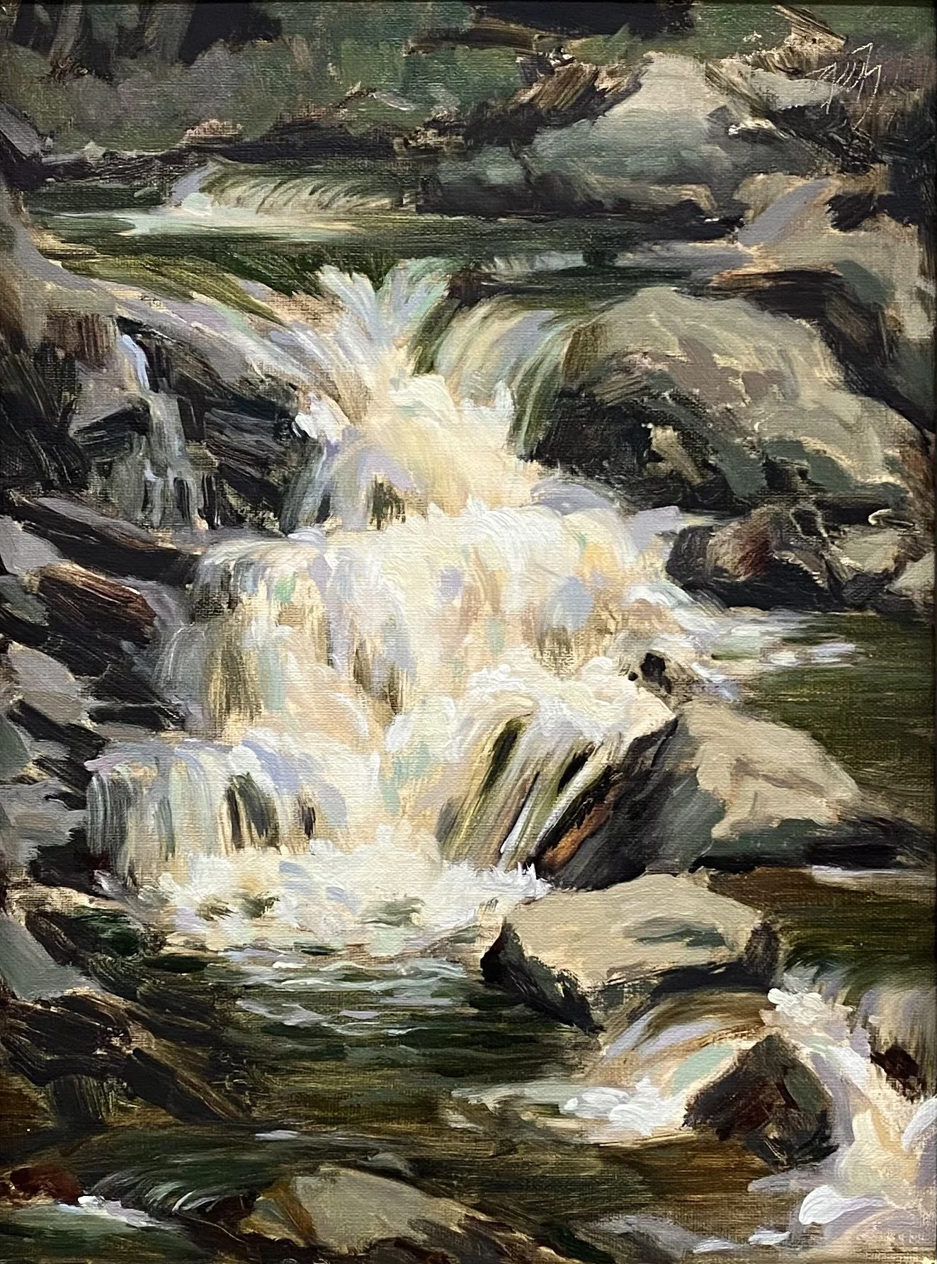 Oil painting of a small waterfall cascading over rocks in a wooded area.