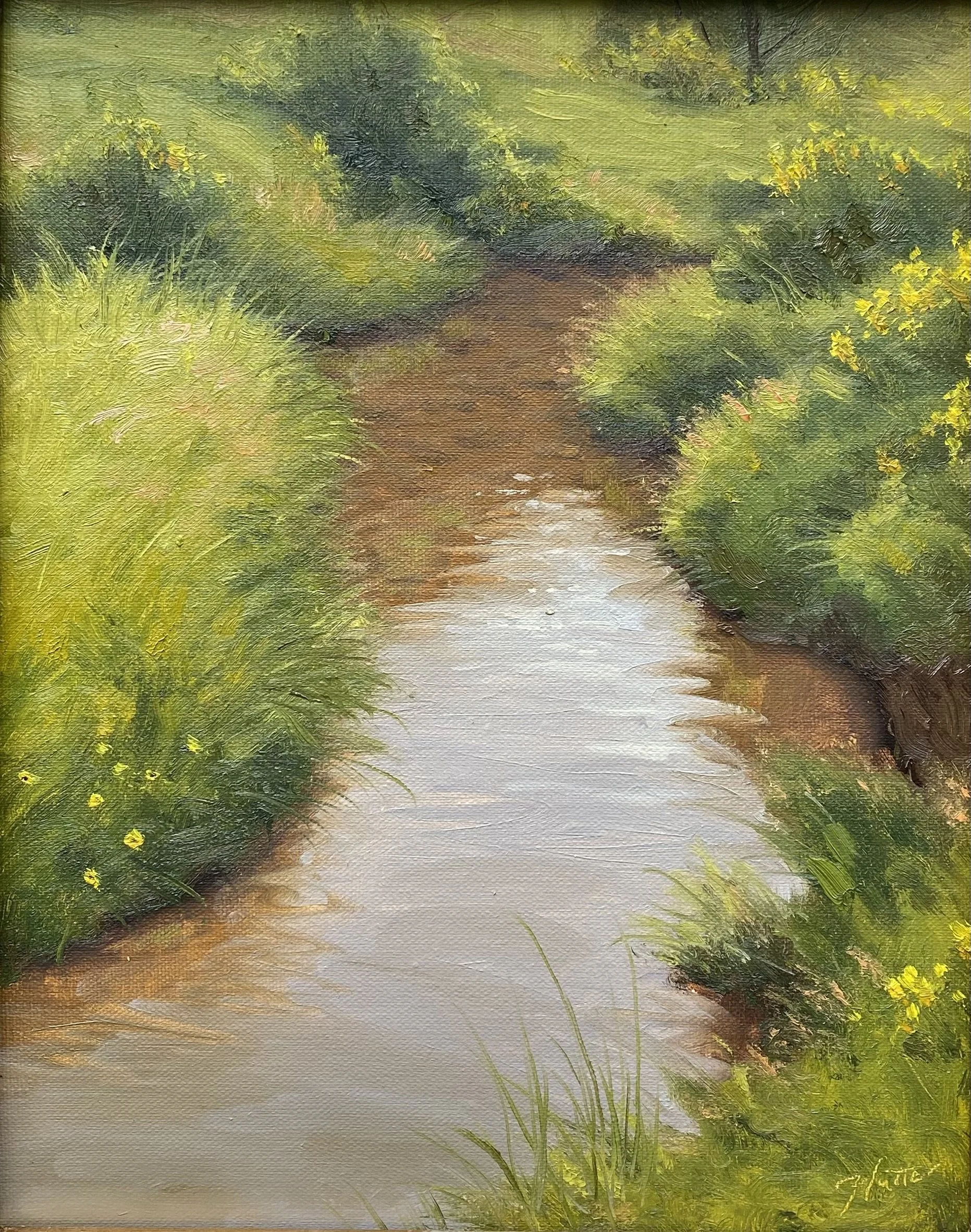 A landscape painting of a creek surrounded by lush green foliage and trees. The scene appears to be in a forest or park, with sunlight filtering through the leaves.