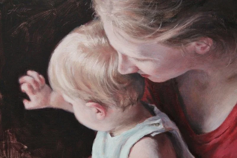 A painting of a woman and a young child, showing an intimate moment as they lean in close together. The woman has light brown hair and is wearing a red top, while the child has blonde hair and is dressed in a light-colored outfit.