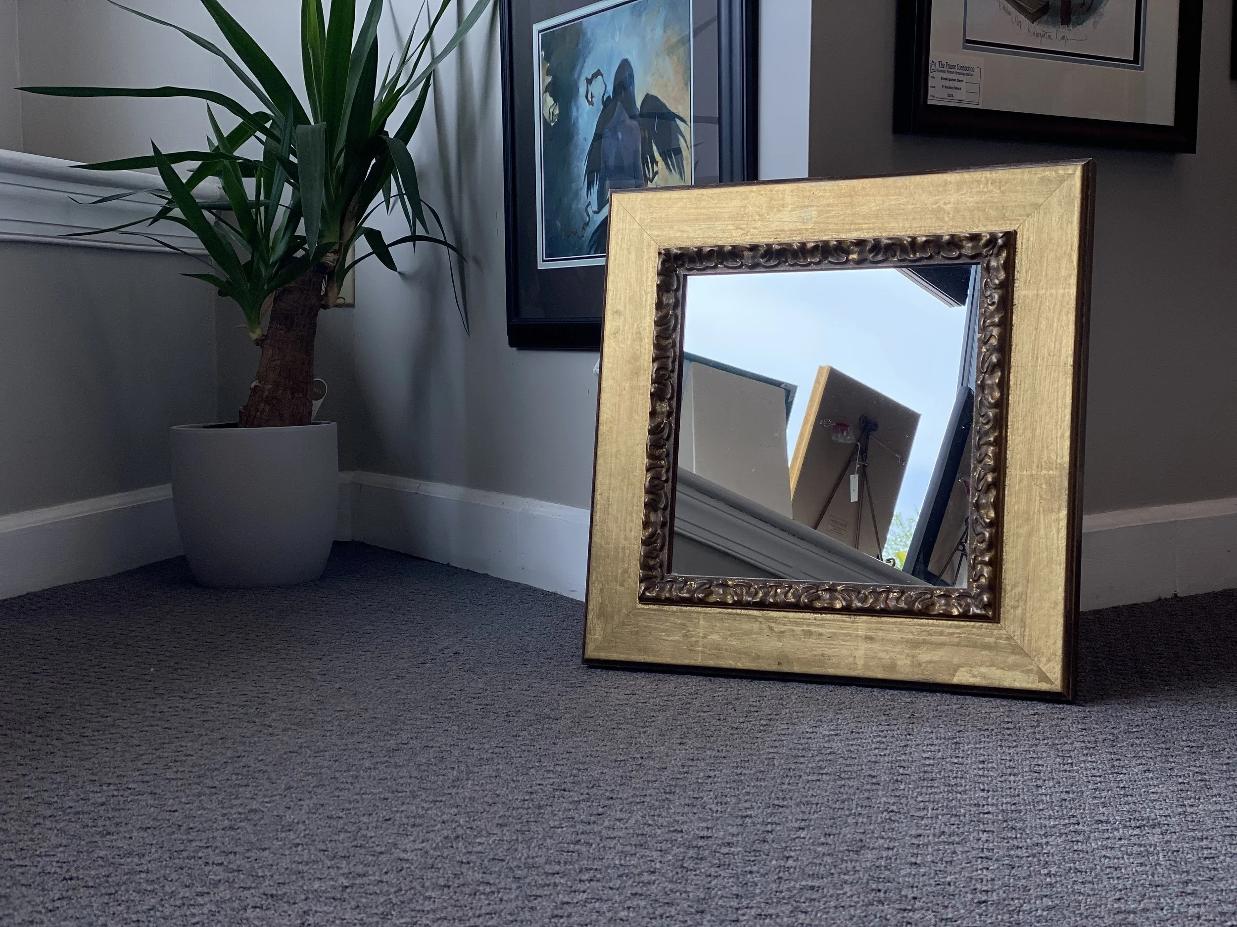 A gold-colored ornate framed mirror resting on the floor leaning against a wall, with a plant in a large white pot nearby and framed artwork hanging on the wall behind. Expert custom mirror framing in Salem, VA, and near Roanoke, VA.