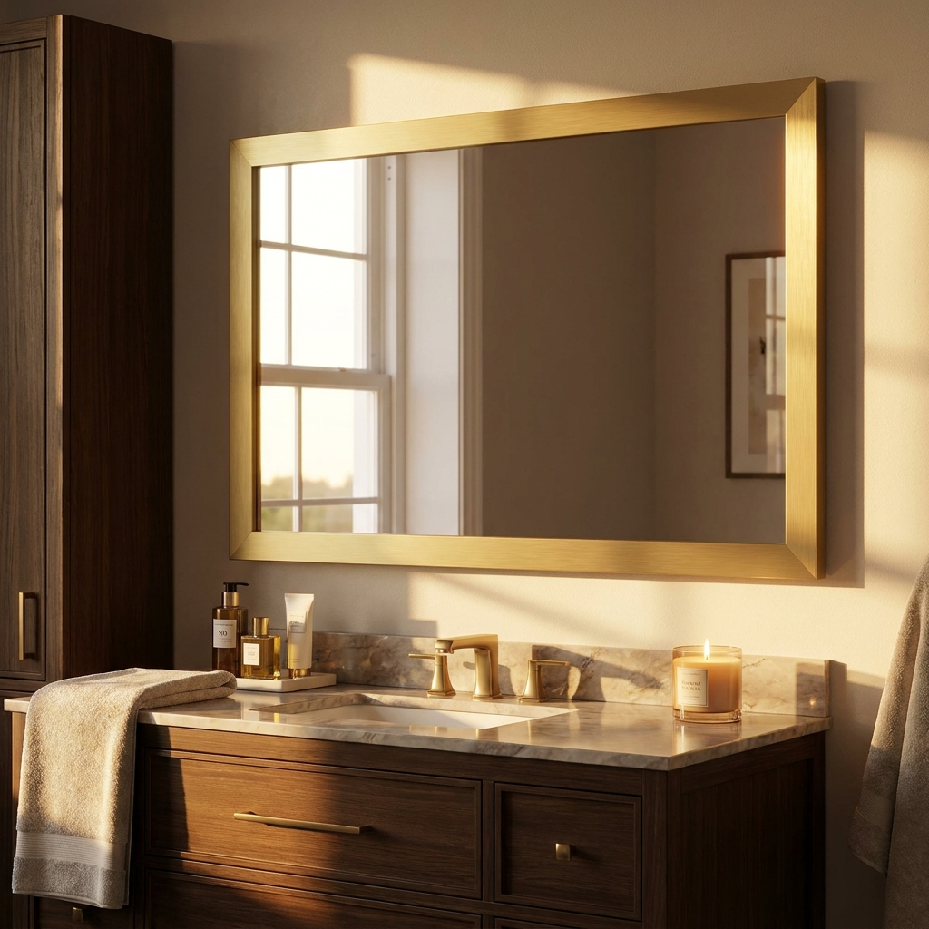 Bathroom vanity with a gold-framed mirror, marble countertop, and gold fixtures, candle, and toiletries. Expert custom mirror framing in Salem, VA, and near Roanoke, VA.