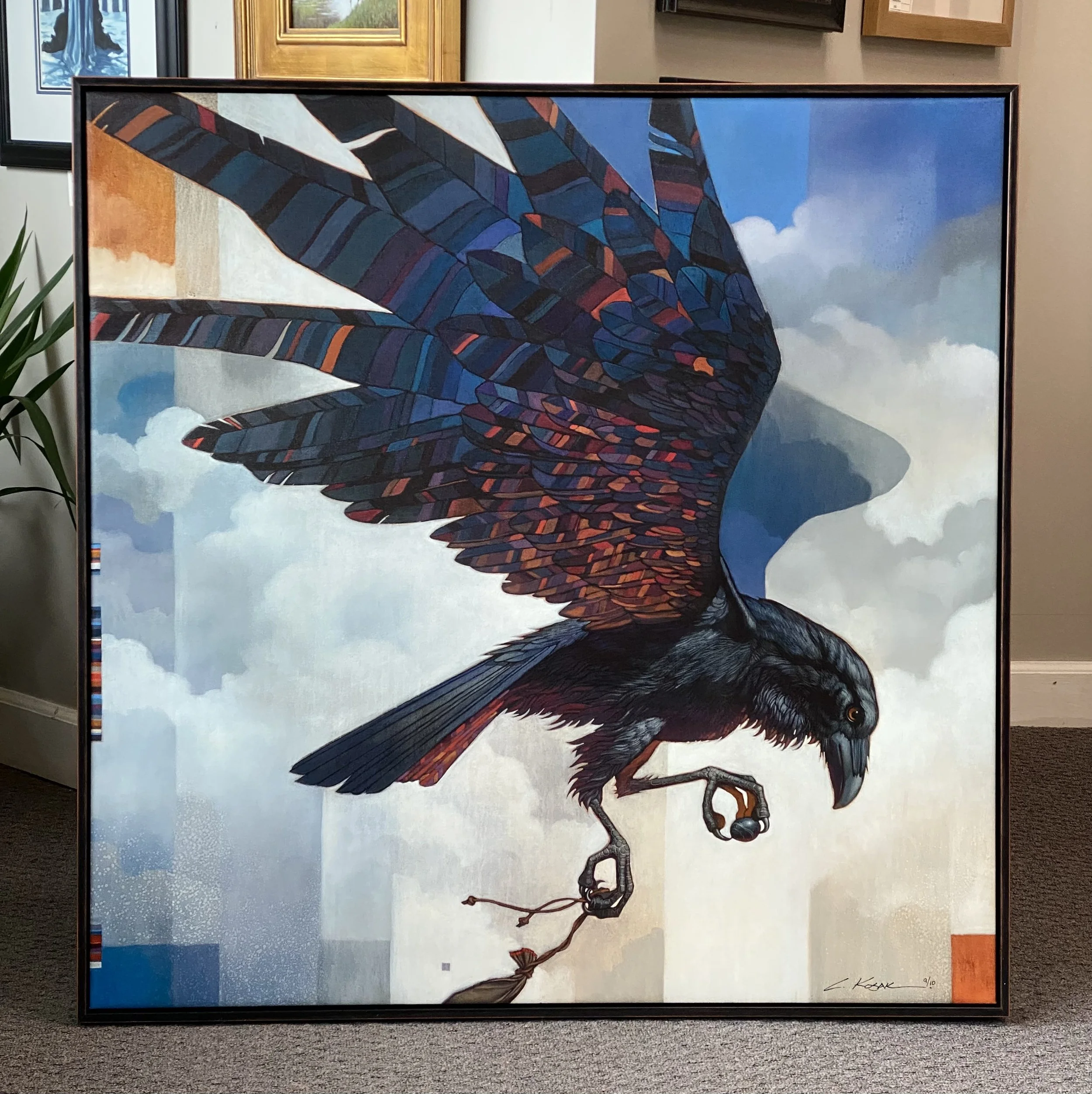 Painting of a bird with colorful feathers on a snowy landscape, signature and date at the bottom right corner.