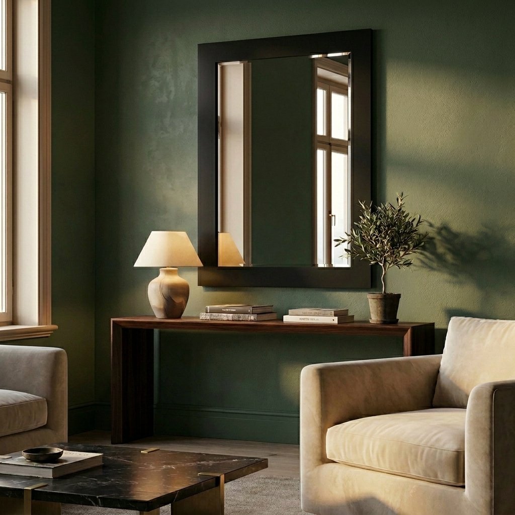 A living room with a green wall, a rectangular mirror, a wooden console table with a beige lamp, a potted plant, and a few books. There are beige sofas and a black marble coffee table. Expert custom mirror framing in Salem, VA, and near Roanoke, VA.