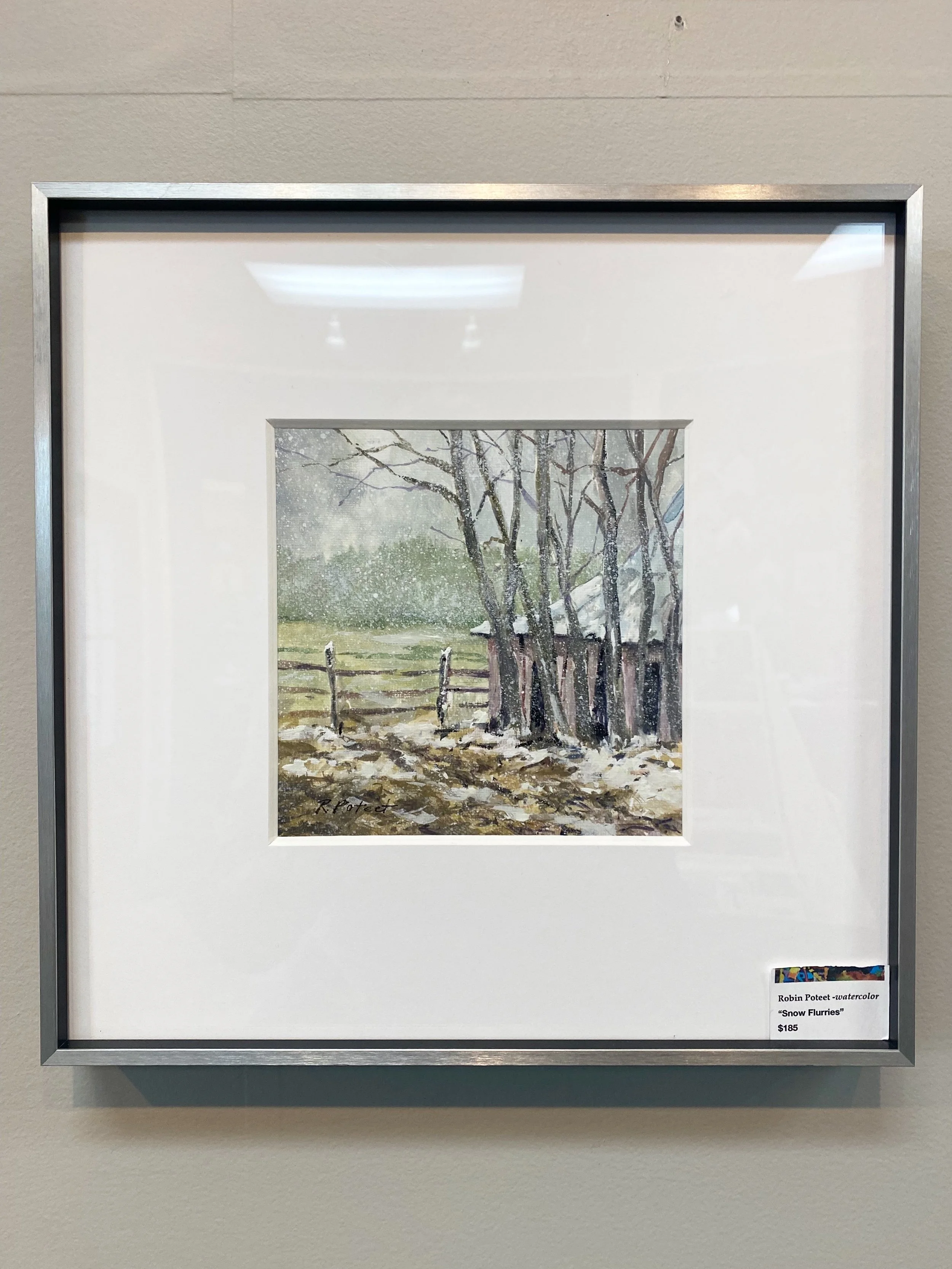 Watercolor painting titled "Snow Flurries" by Robin Poteet, depicting a winter scene with snow falling over a landscape with trees and a fence, priced at $185.
