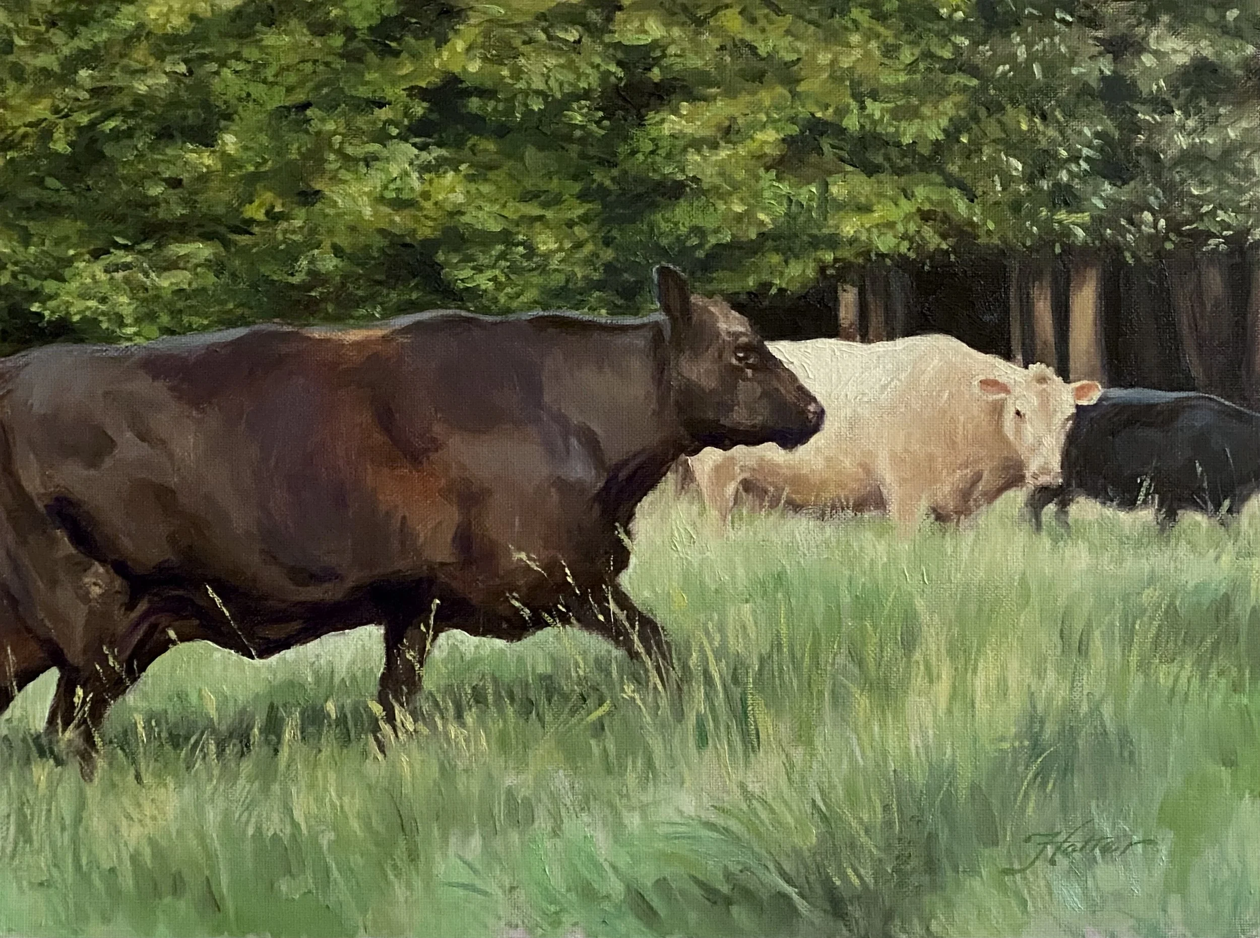 Painting of three cows grazing in a grassy field with trees in the background.