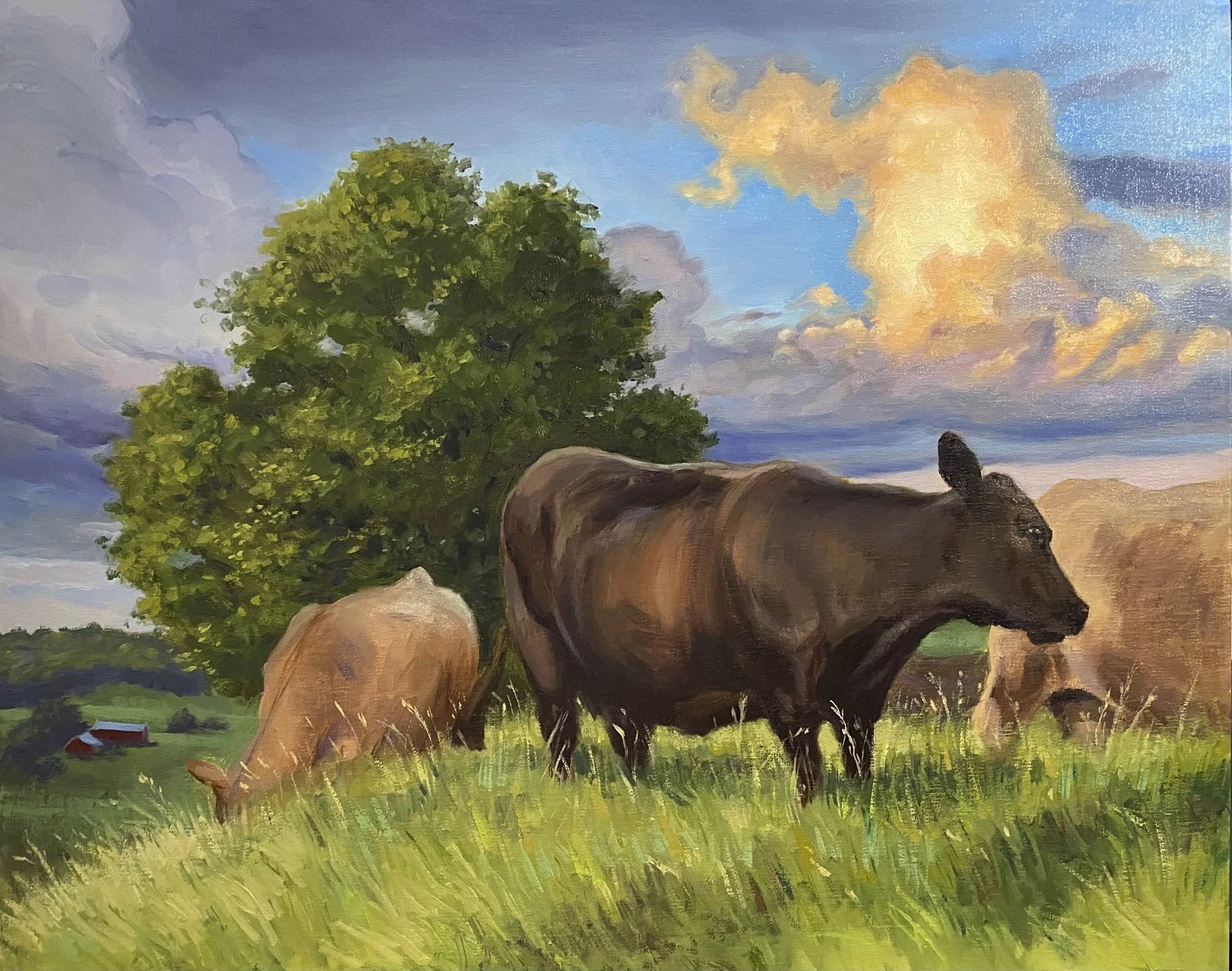 Painting of cows grazing in a lush green field with a large tree, a farm building, and colorful clouds in the sky.