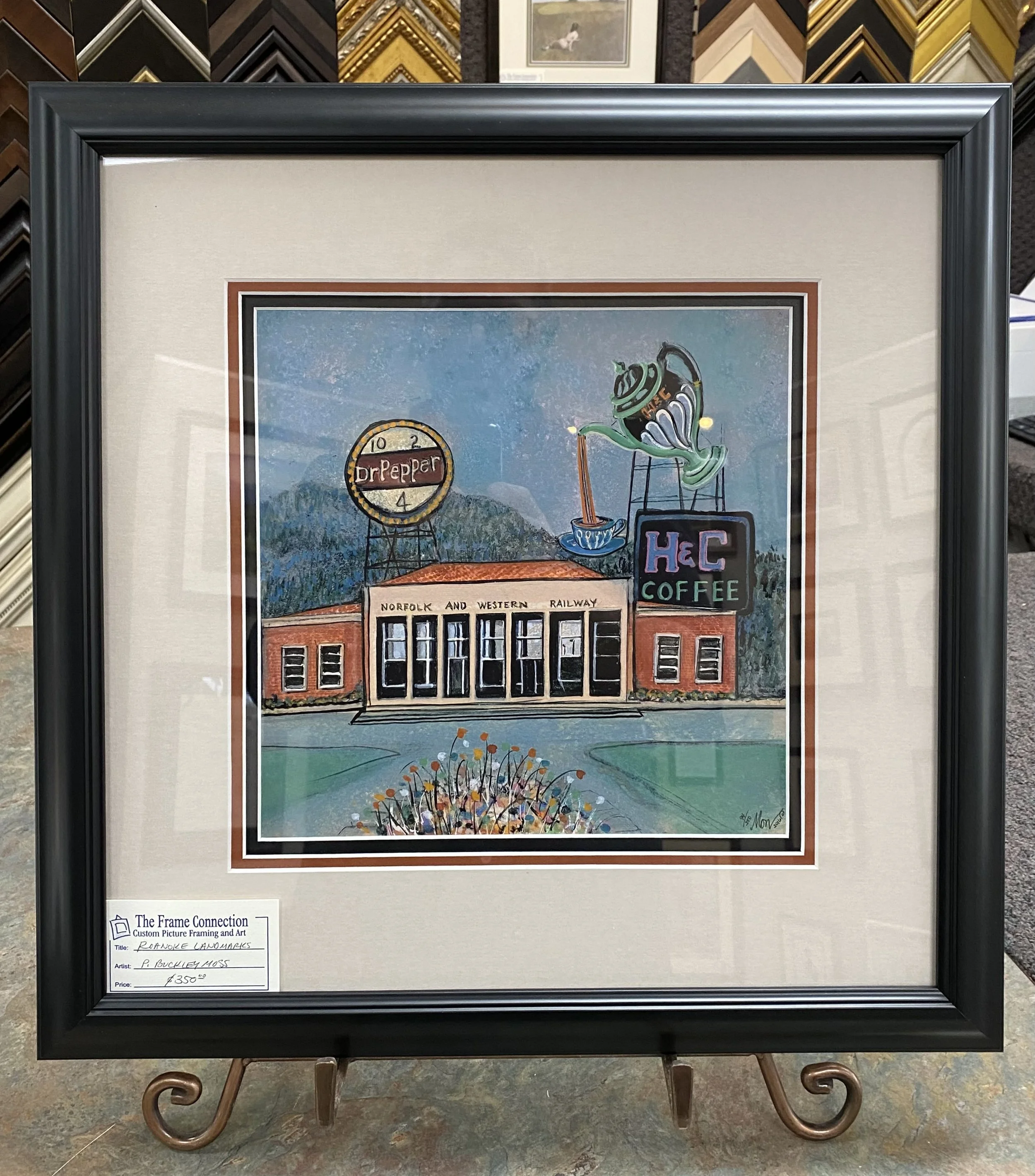Colorful illustration of a train station with a sign for Norfolk and Western Railway, a clock displaying 10:08, and a neon sign for HeC Coffee. There is a teapot pouring tea into a cup, with mountains and trees in the background.