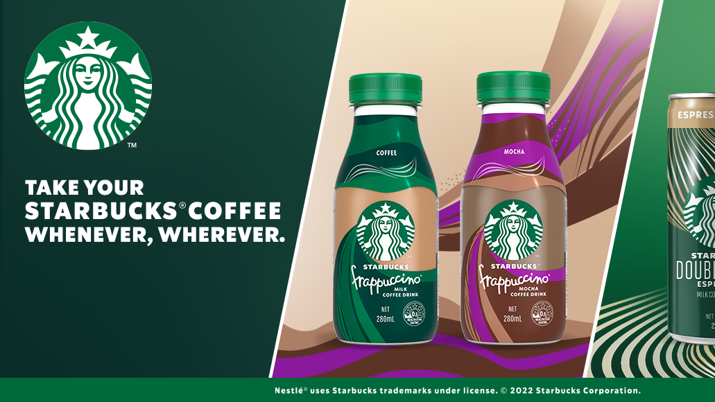 Starbucks coffee drink bottles, including Starbucks Frappuccino Milk Coffee and Mocha, with a Starbucks logo and slogan on a green background.