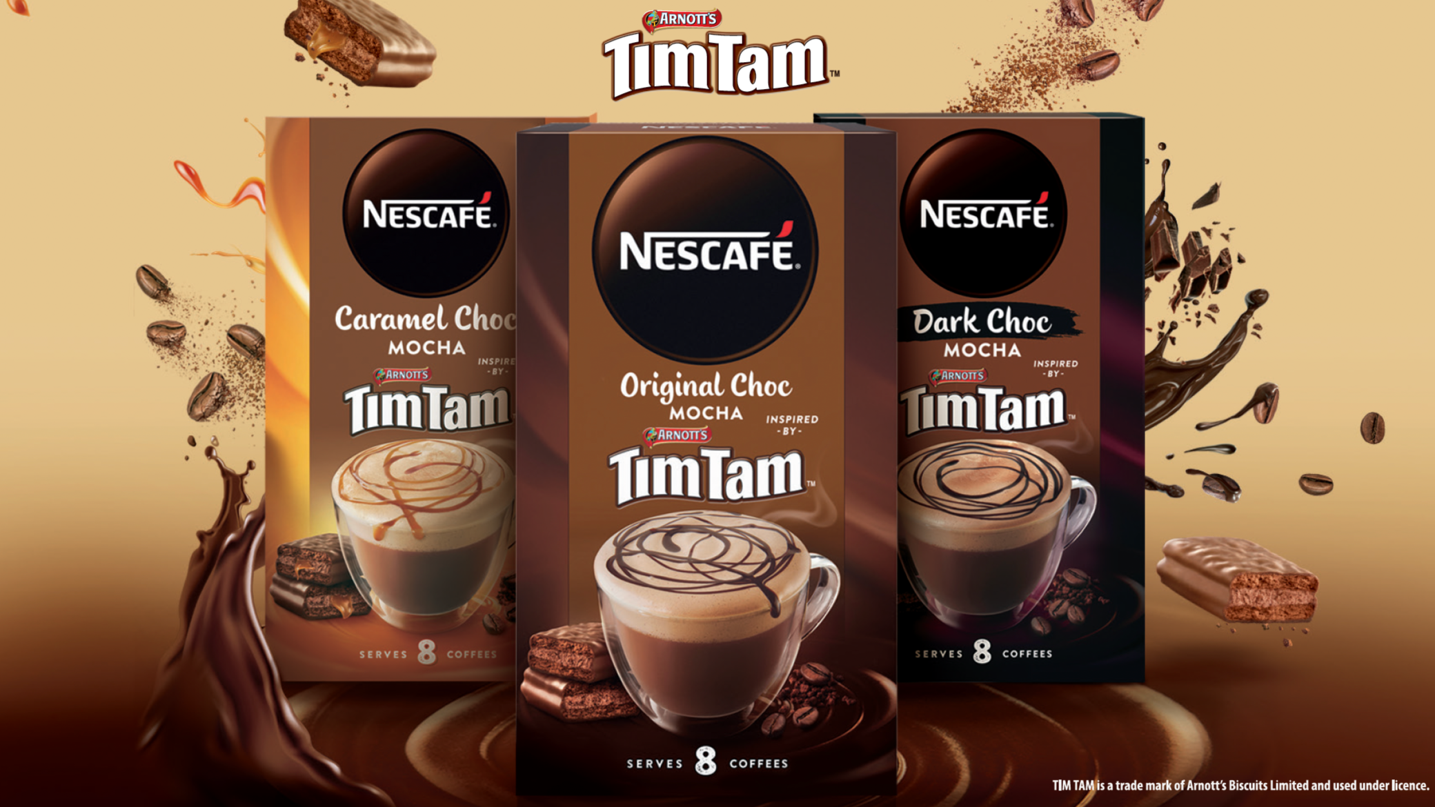 Three boxes of Nescafe TimTam flavored coffee drinks, including Caramel Choc Mocha, Original Choc Mocha, and Dark Choc Mocha, with coffee splashes and chocolate pieces in the background.