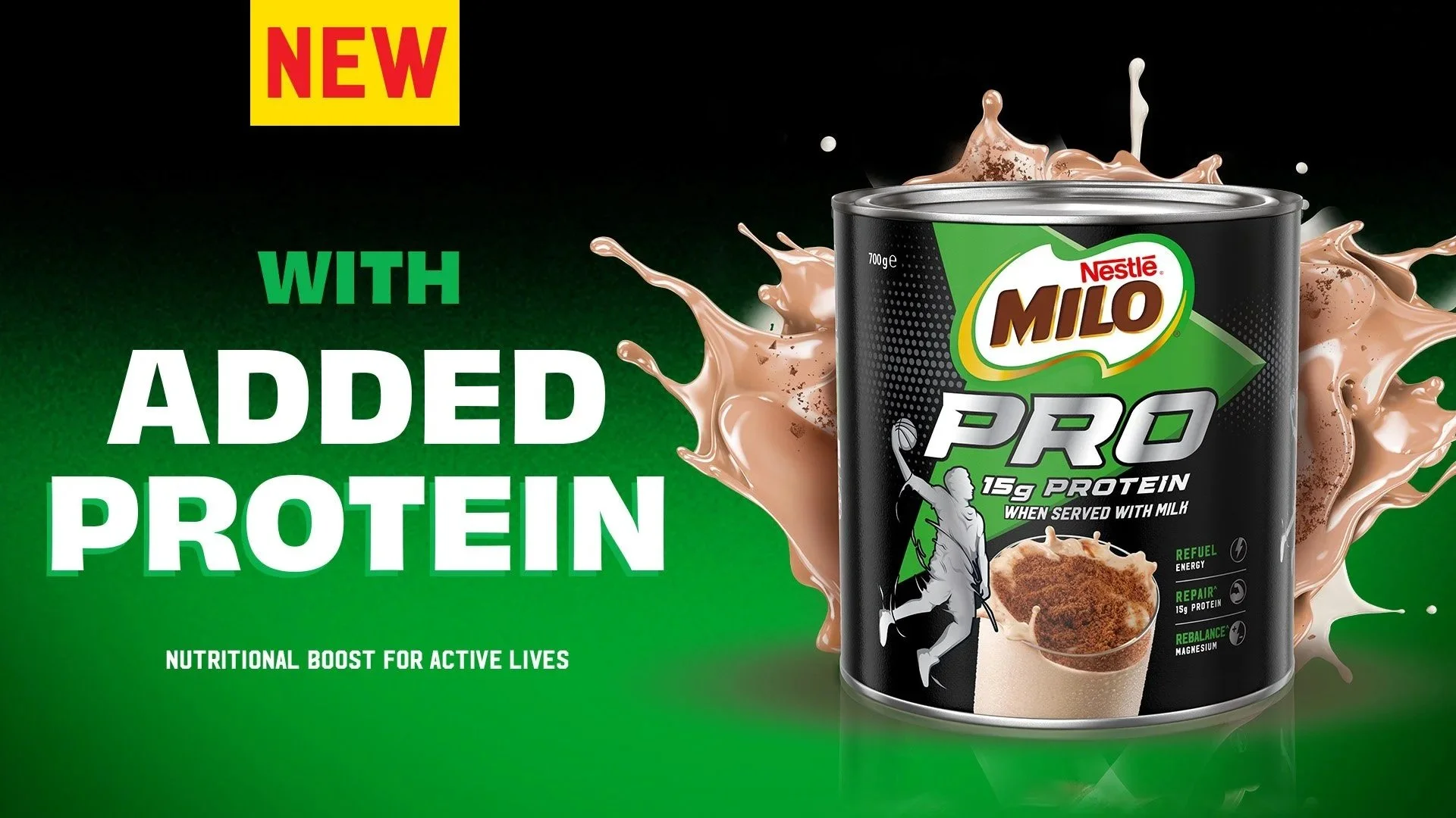 A can of Nestlé Milo Pro with added protein against a green background, with splashes of chocolate milk. The label highlights 15 grams of protein when served with milk and mentions features such as energy, repair, and rebalancing with magnesium.