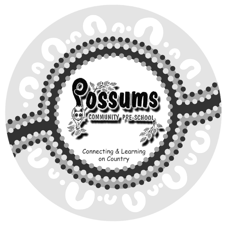Logo for Possums Community Pre-School with the slogan "Connecting & Learning on Country" featuring a stylized possum and decorative patterns.