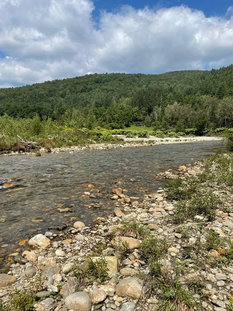 The Vermont Tweed River flowing through a landscape of green trees and hills under a partly cloudy sky, a 5 minute walk from The Cabin.