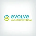 Evolve Vacation Rental logo with green and blue text on a white background
