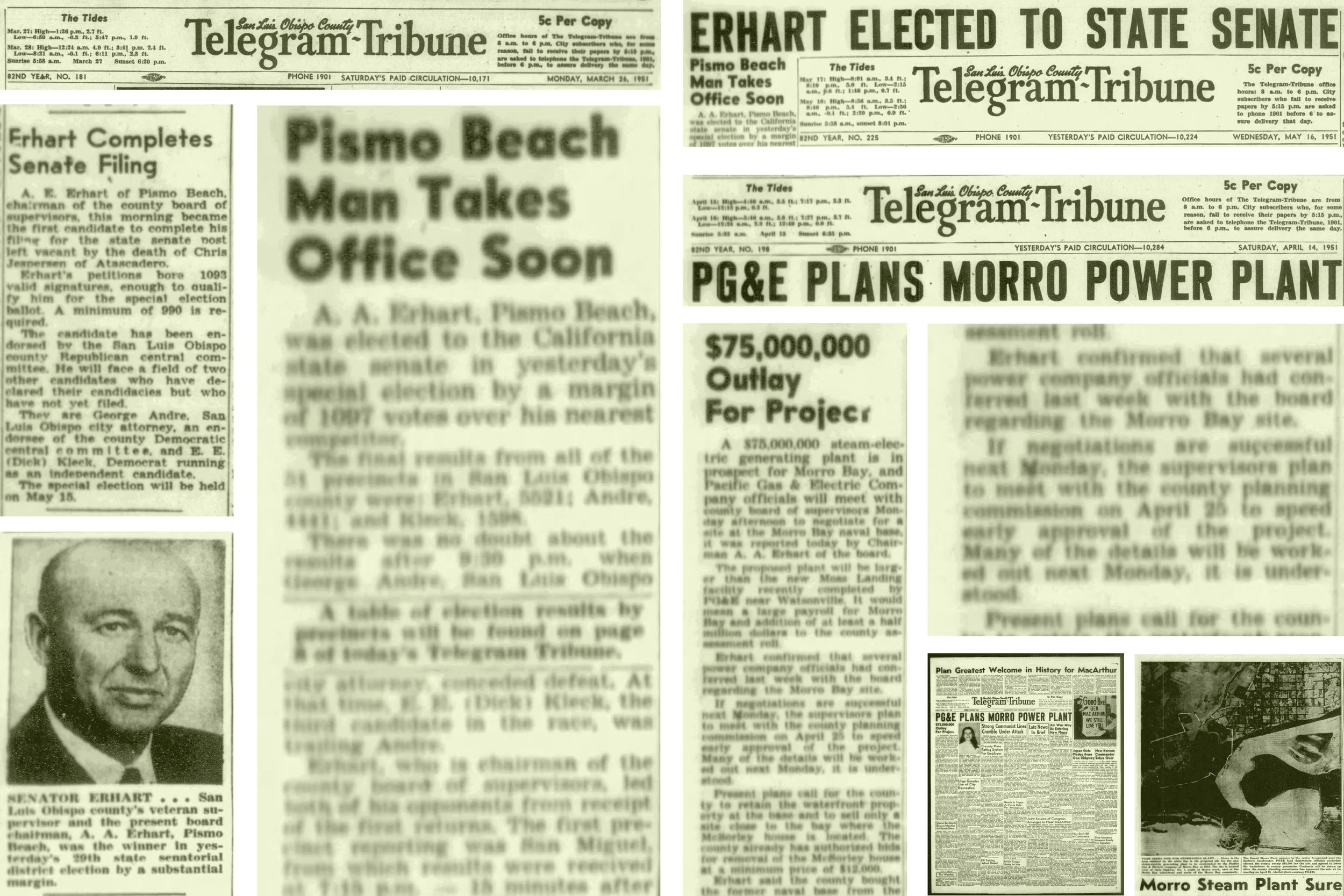 Historical newspaper clippings from the Telegraph-Tribune, dated around March and April 1951, with headlines about political elections, power plant plans, and local events, including a photo of Senator Erhart.