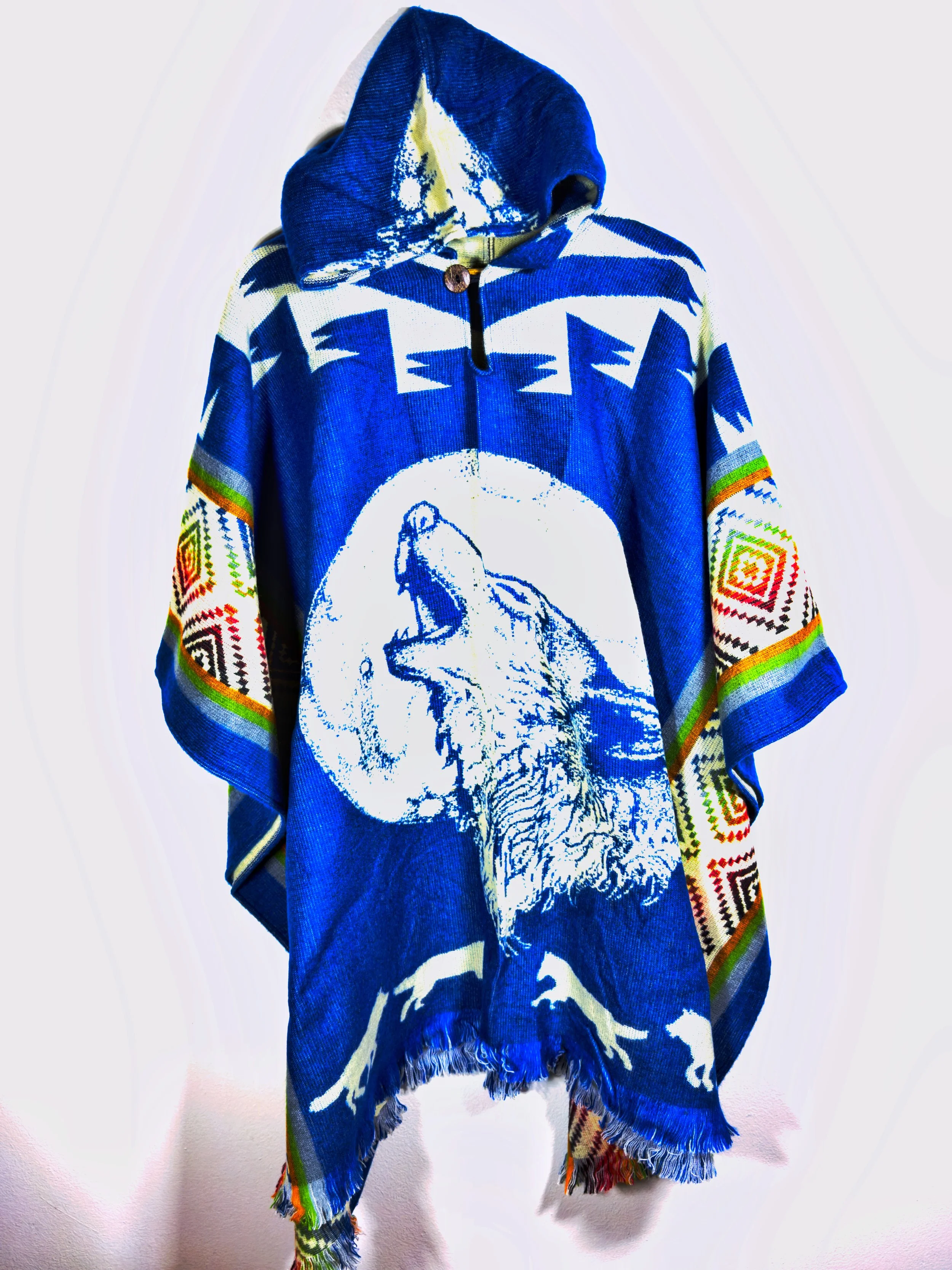 Alpaca Hooded Woven Poncho - Deep Blue Howling Wolf