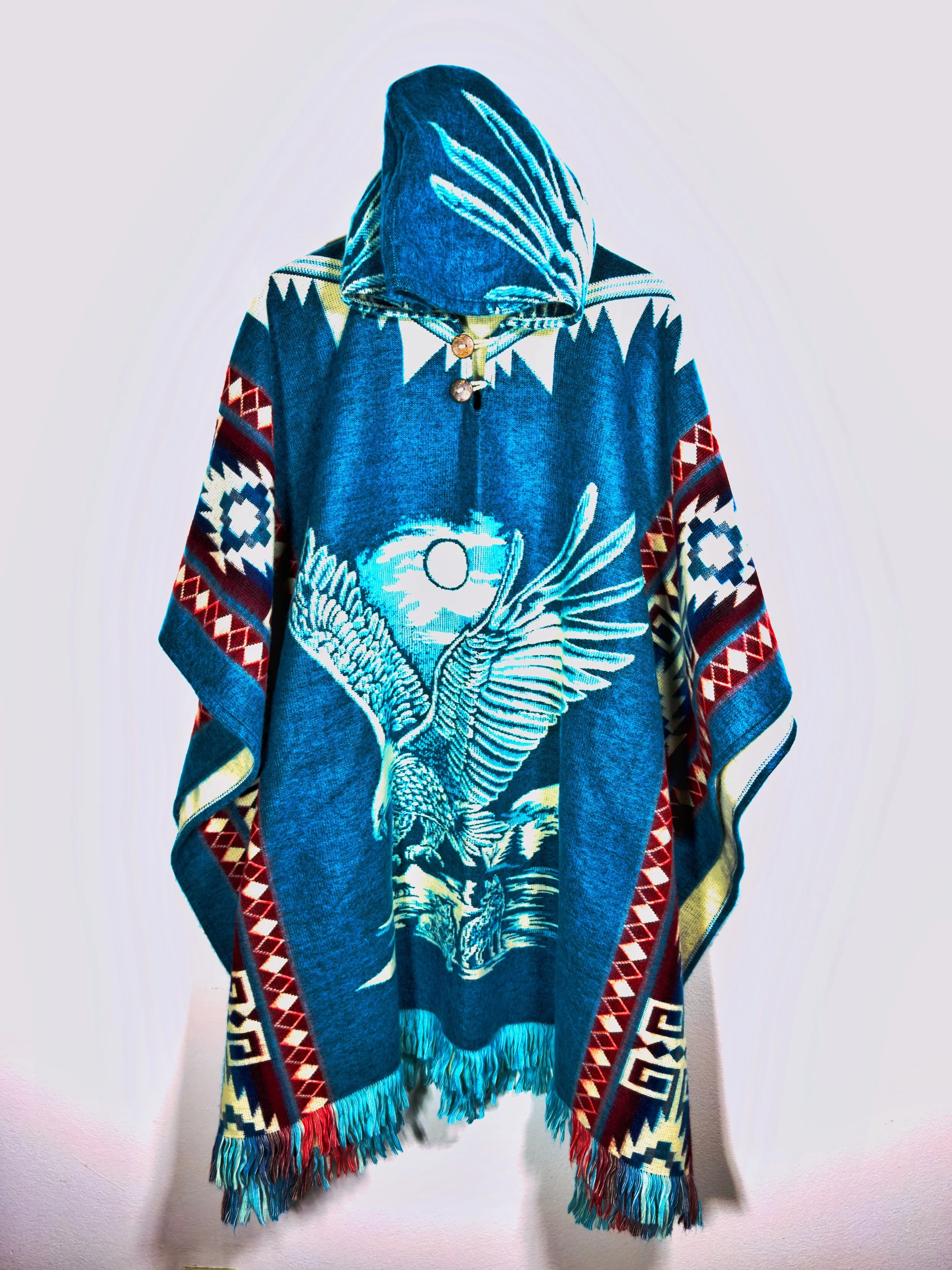 Alpaca Hooded Woven Poncho - Teal Blue Eagle