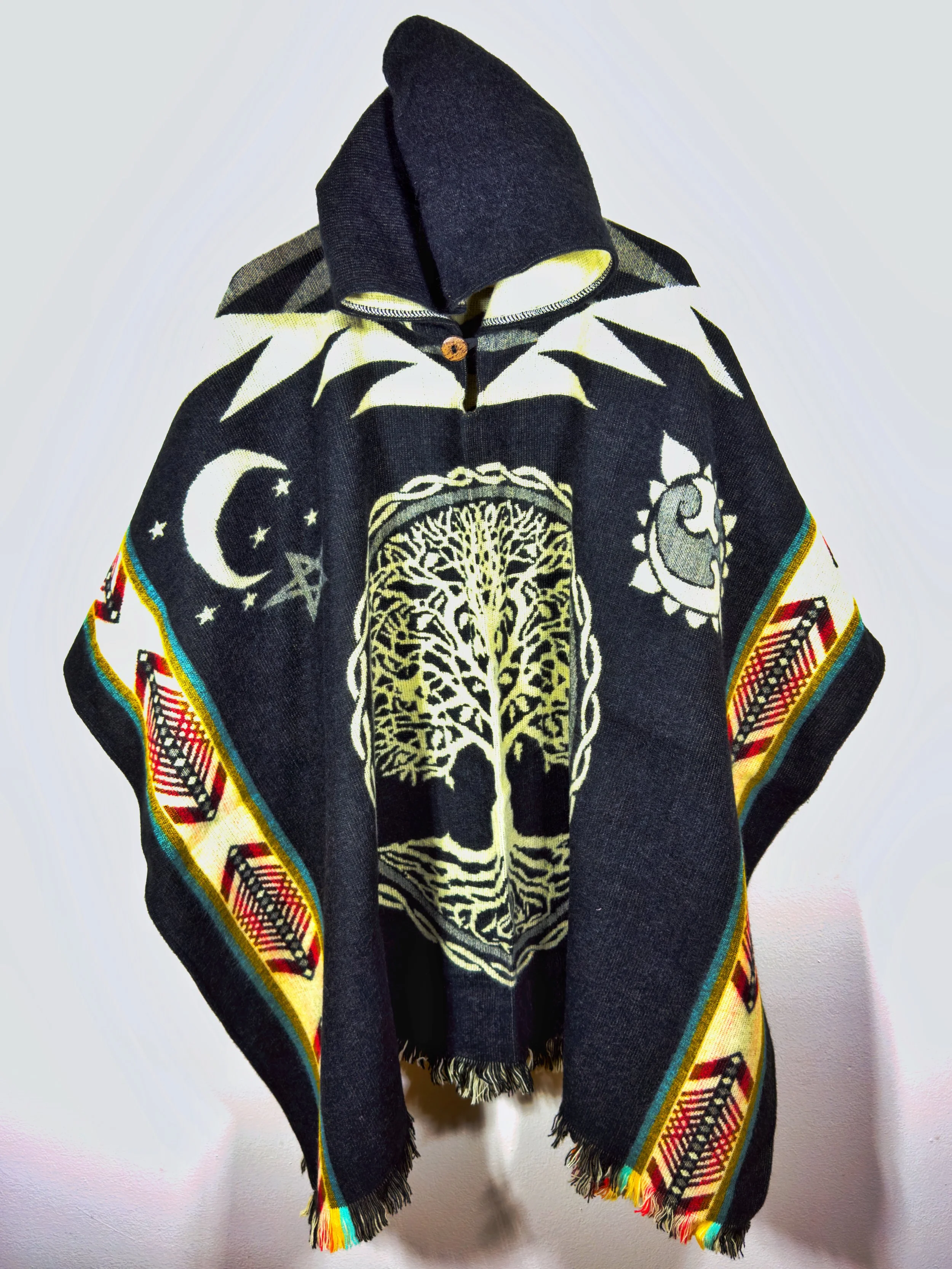 Alpaca Hooded Woven Poncho - Black Tree of Life