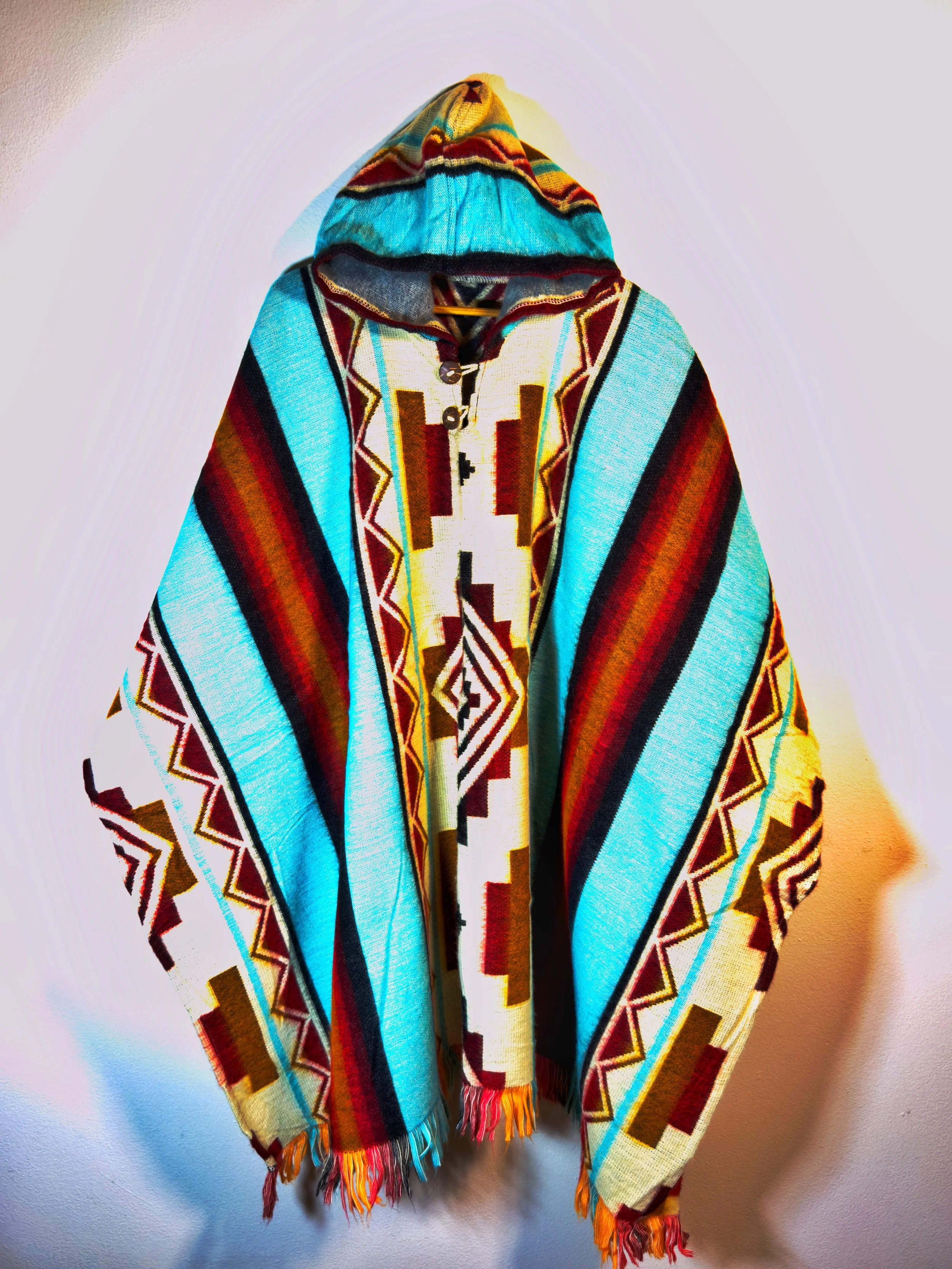 Alpaca Hooded Woven Poncho - Turquoise with Earth Tones