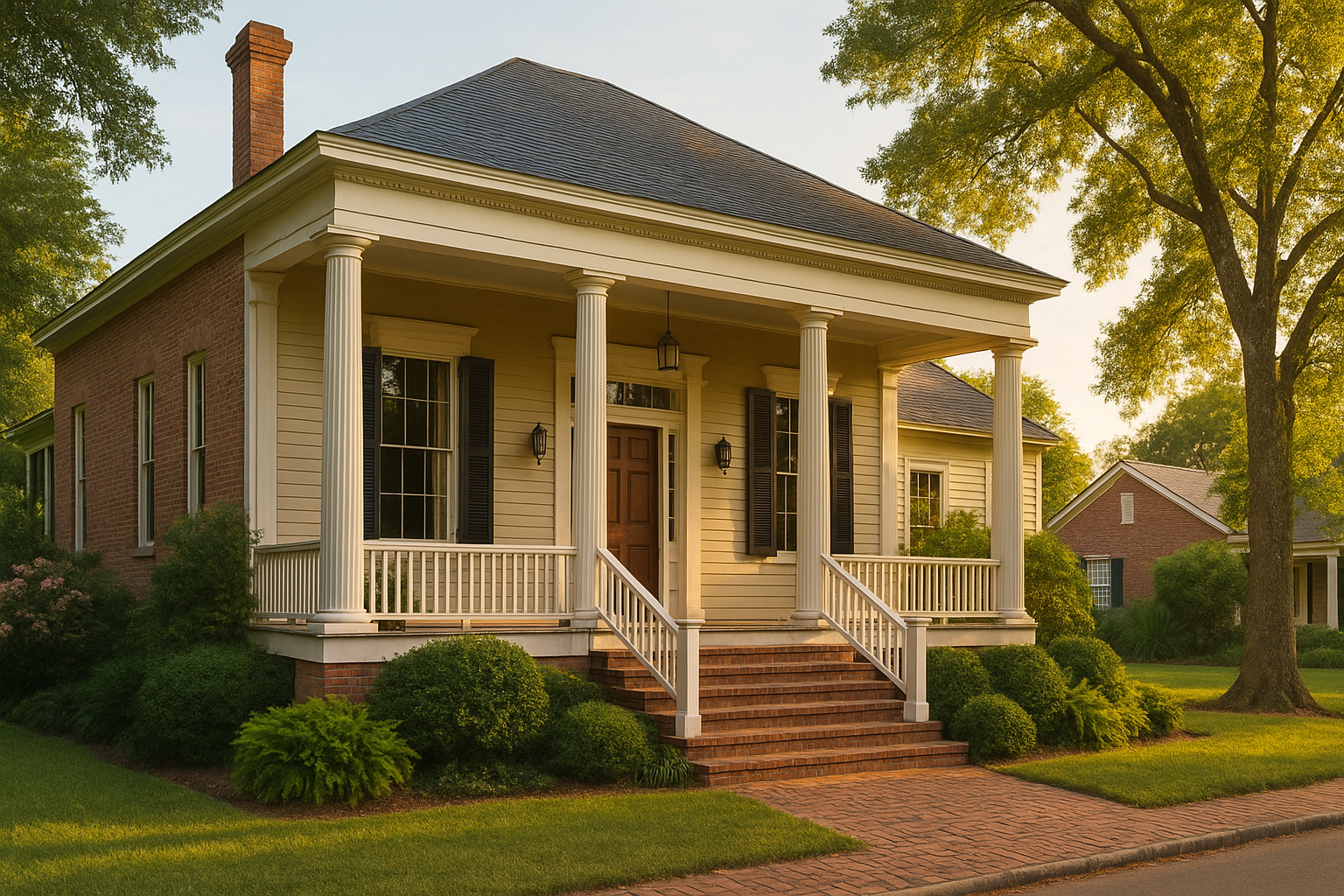 Restored historic home in Natchez, Mississippi with brick steps, wide porch, and columns, representing Levi & Grace Construction’s preservation work.