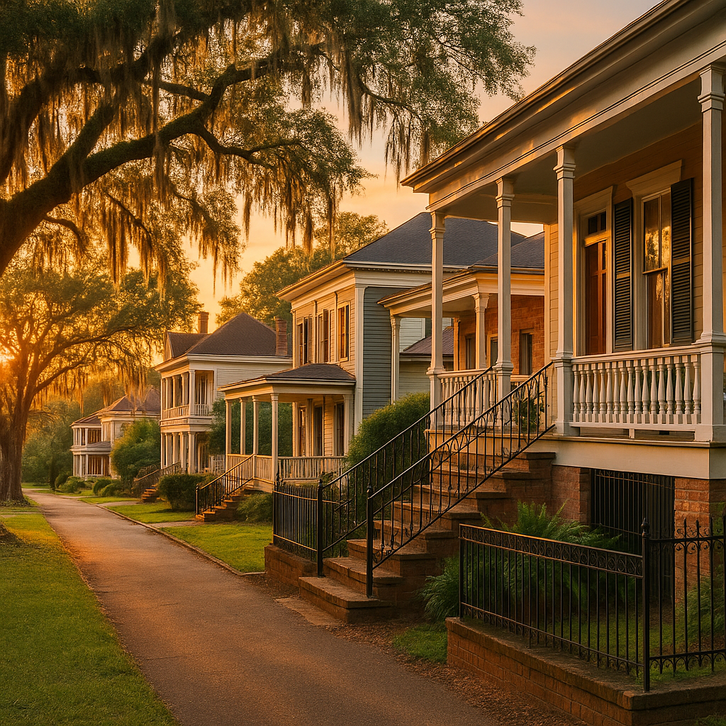 Sunset view of a historic Natchez neighborhood with oak trees, porches, and iron railings, highlighting the rewards of preservation and restoration.