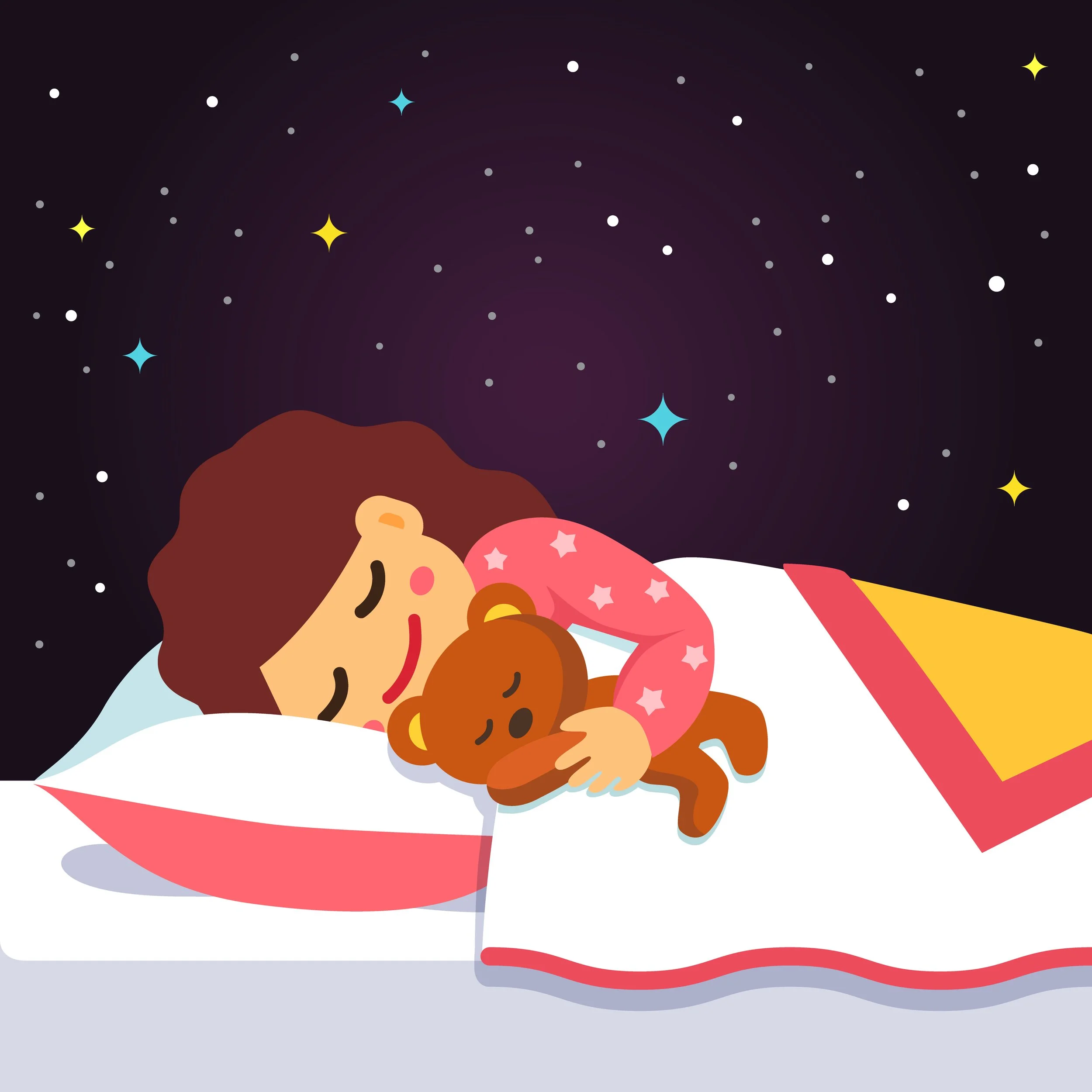 Cute illustration of a child sleeping in bed, cuddling a teddy bear, under a starry night sky.