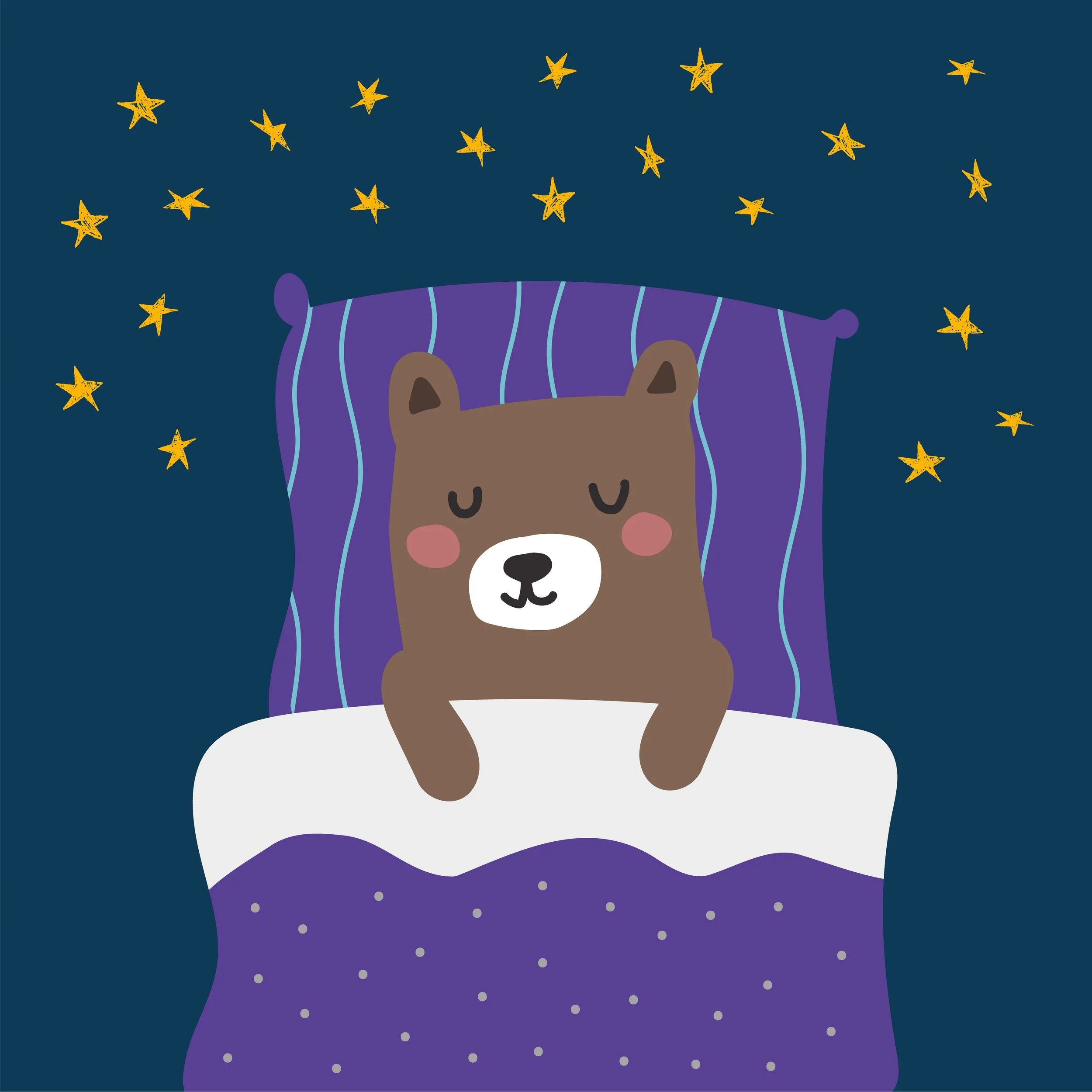 Cute illustration of a bear sleeping in bed with a blue and purple striped pillow, purple blanket with polka dots, and stars glowing in a dark blue night sky.