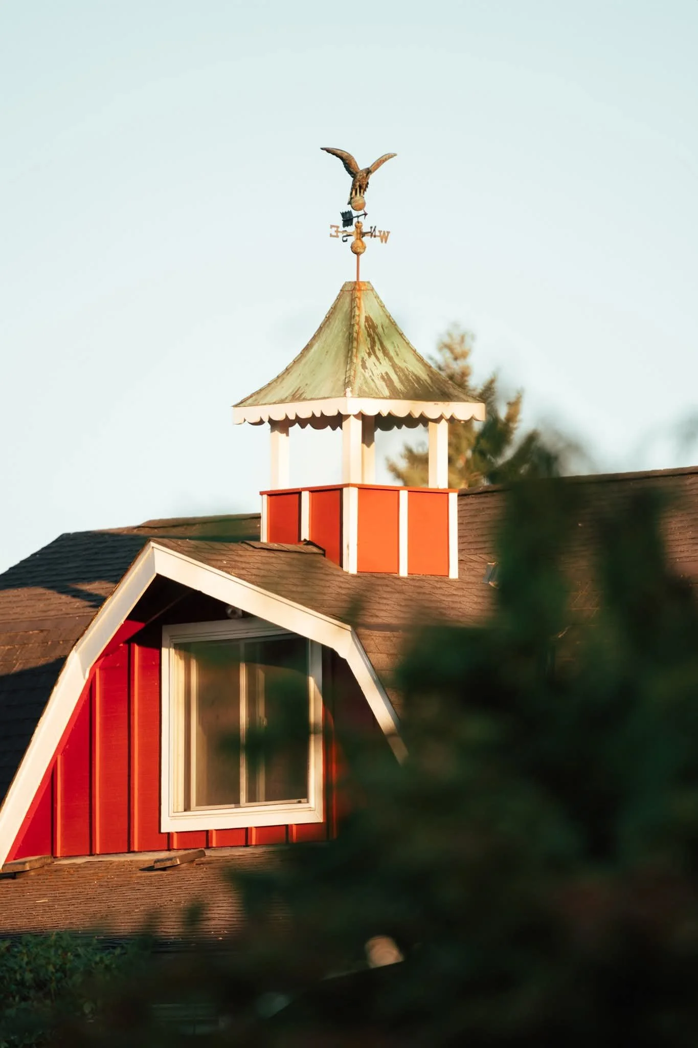 Close-up of a house rooftop with a weather vane featuring an eagle on top, a small cupola, and a window in the foreground.