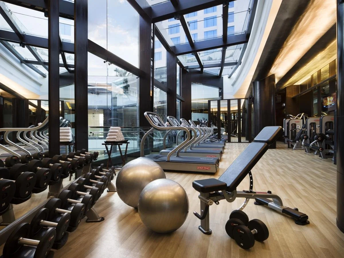 Modern gym with treadmills, dumbbells, exercise balls, weight benches, and large glass windows with city buildings outside.