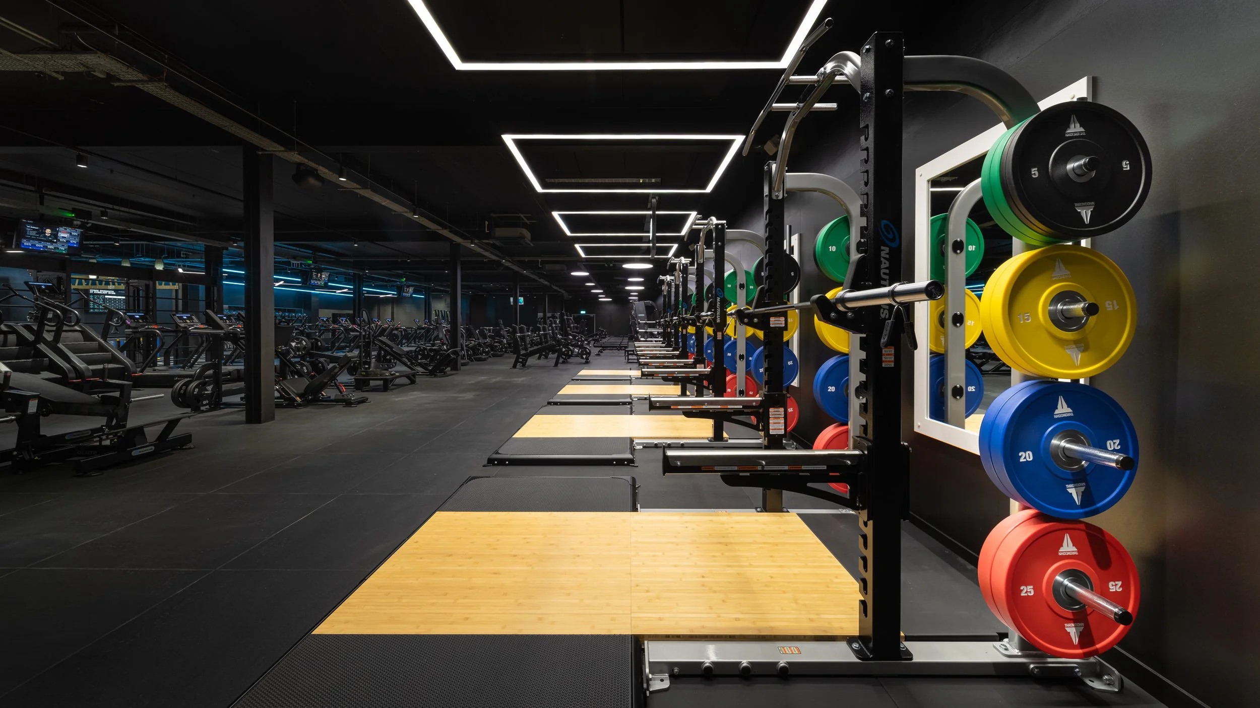 Empty modern gym with weightlifting equipment, colorful weight plates on the rack, and exercise machines in the background, illuminated by ceiling lights.