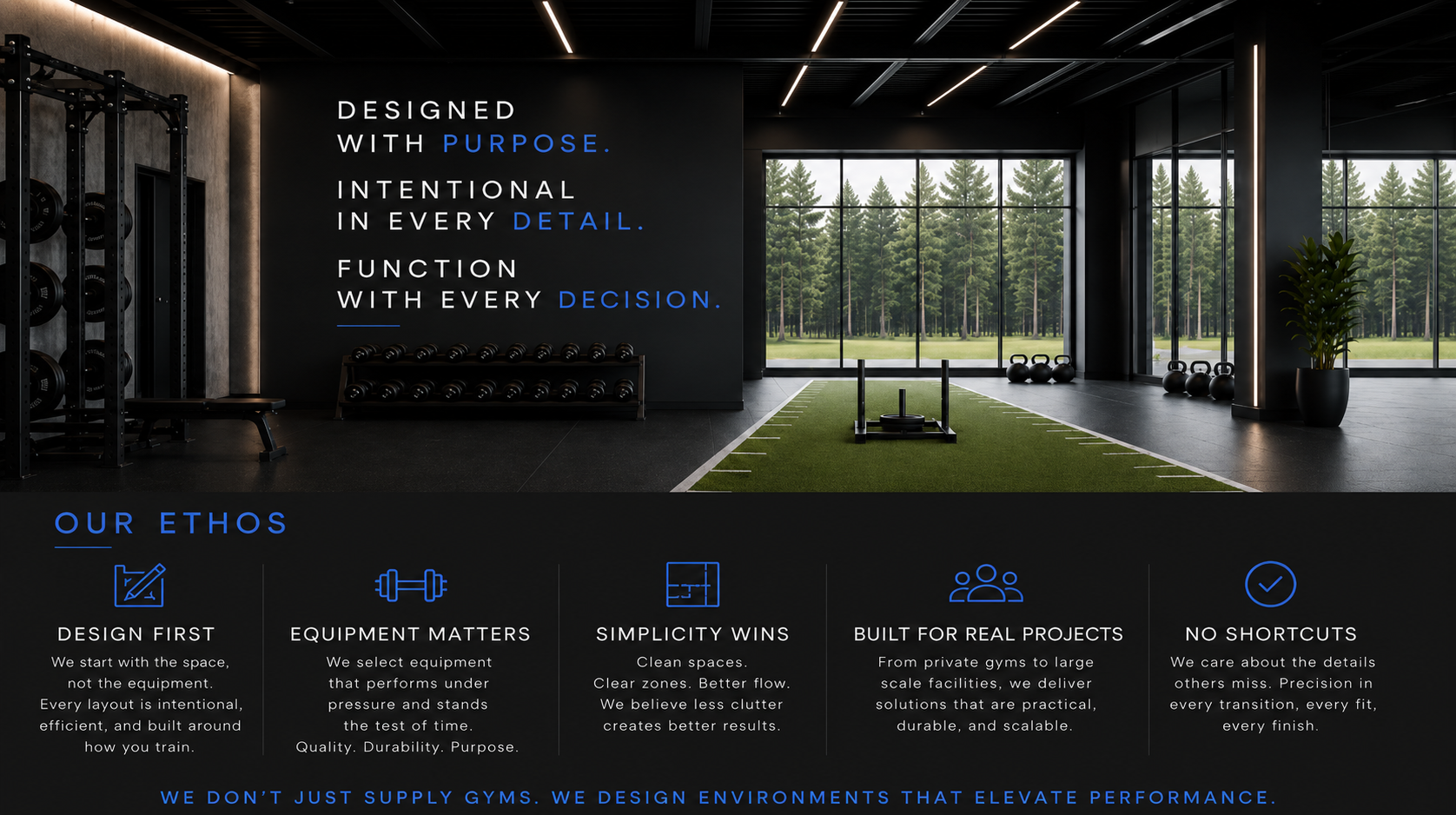 Interior of a modern gym with black walls, large windows showing trees outside, and various fitness equipment including dumbbells, kettlebells, and a sled. On the wall, there is text that reads: 'Designed with purpose. Intentional in every detail. Function with every decision.' Below, there are sections outlining the gym's ethos: 'Design first,' 'Equipment matters,' 'Simplicity wins,' 'Built for real projects,' and 'No shortcuts,' each with descriptive text.