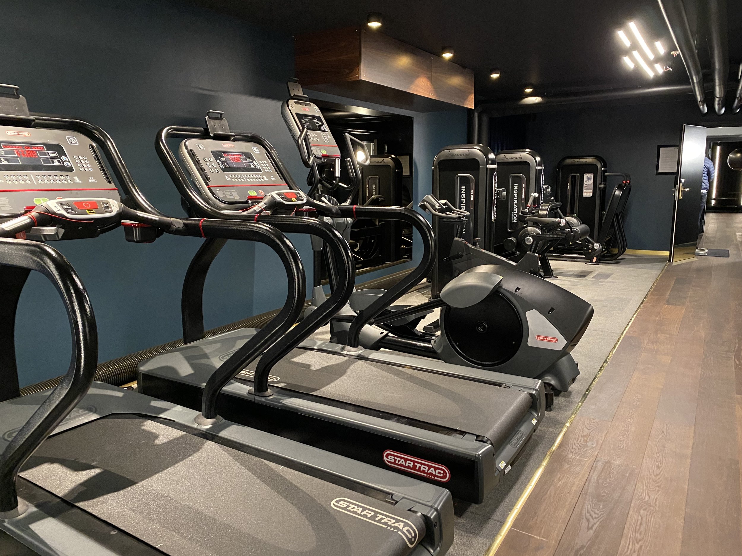 A row of fitness equipment, including treadmills, arranged in a gym with dark walls and ceiling, featuring wooden accents and a gray floor.