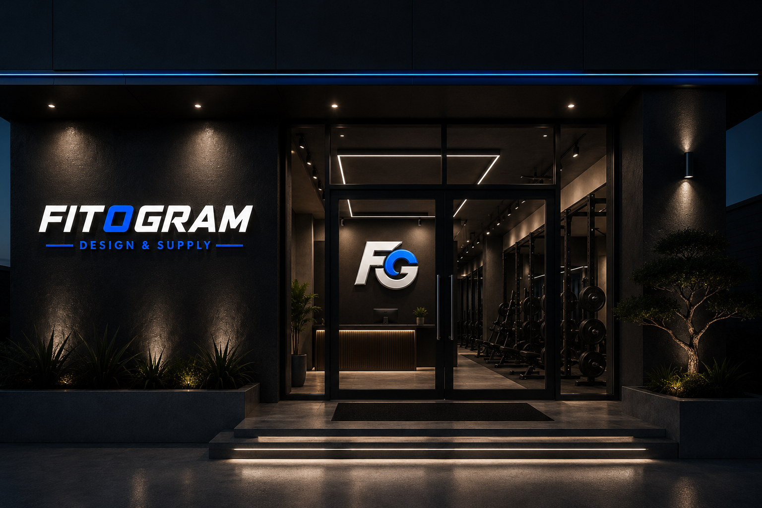 Night view of the Fitogram gym entrance with illuminated sign and logo, glass doors, interior gym equipment, and decorative plants.