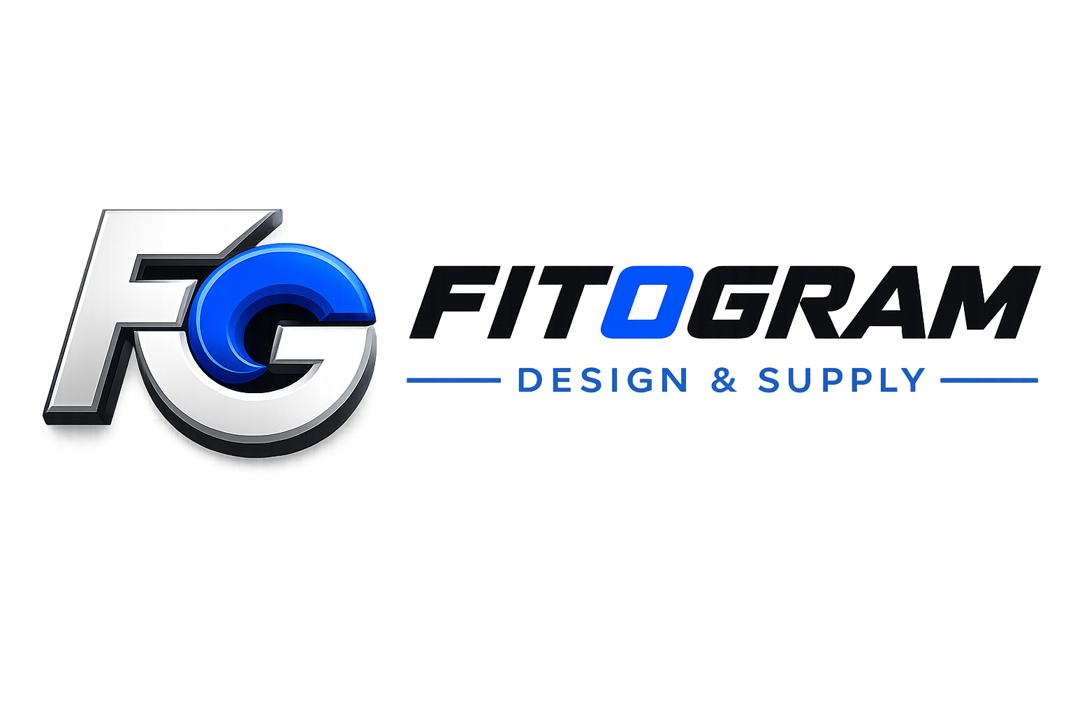 Logo for Fitogram Design & Supply featuring a metallic 3D F and G, with the word 'Fitogram' in black and blue, and the tagline 'Design & Supply' in blue, on a gray background.