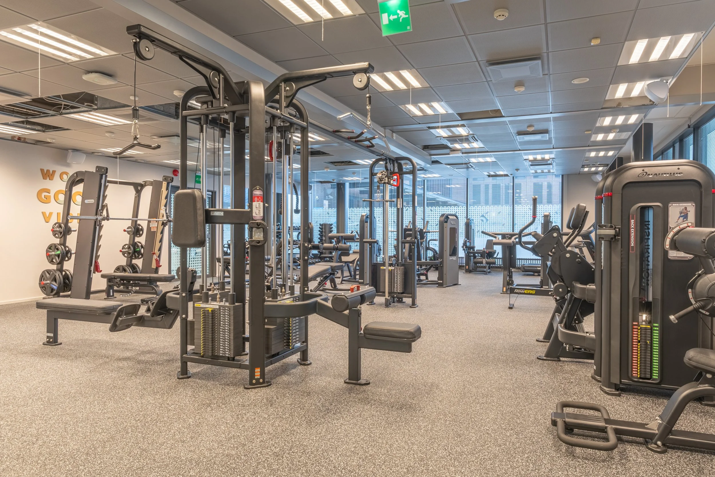 Empty gym with various workout machines, large windows, and ceiling lights in an office building.