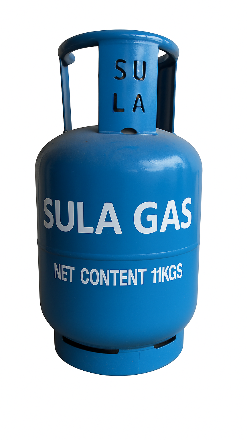 Blue LPG gas cylinder with white text reading "SULA GAS" and "NET CONTENT 11KGS."