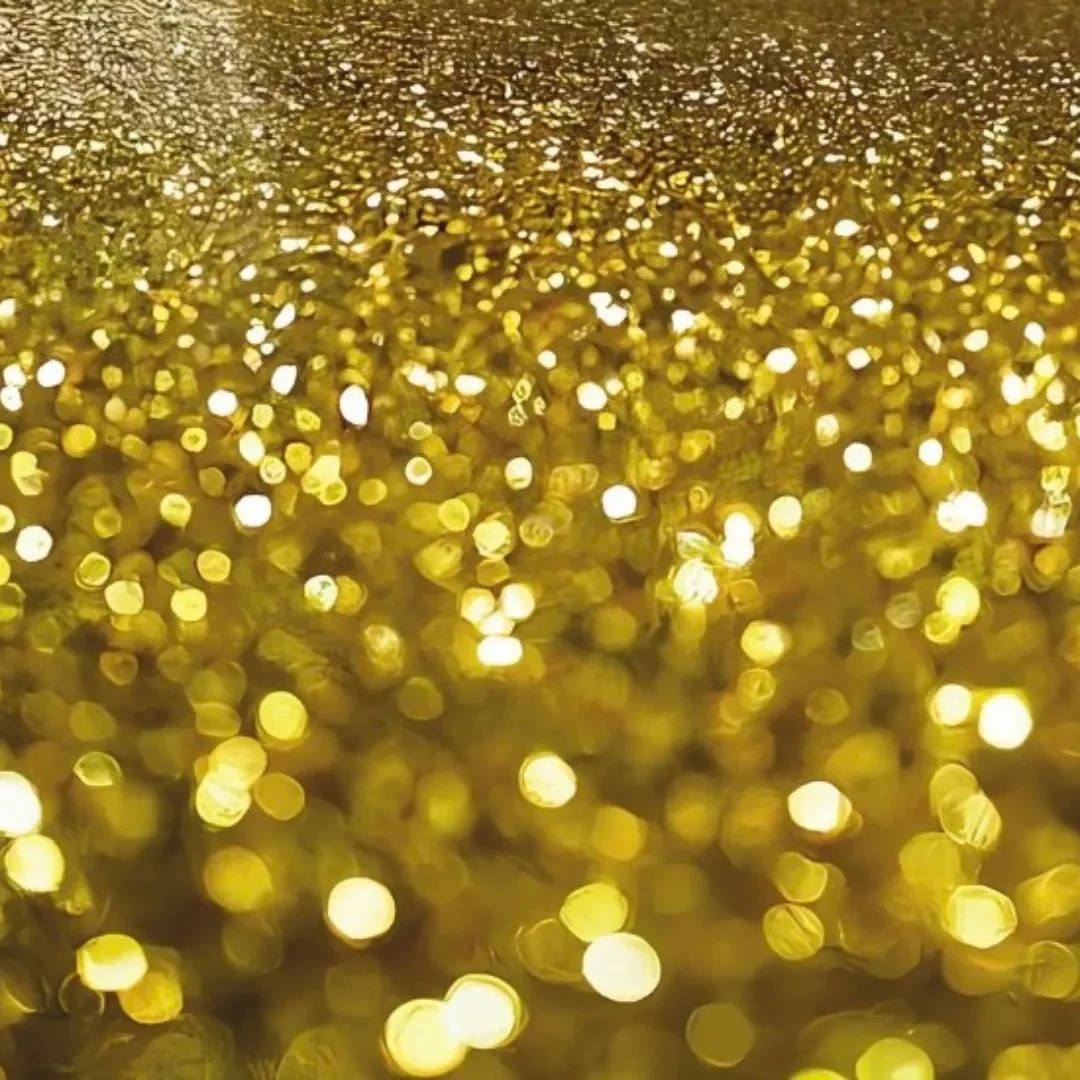 Gold glitter epoxy floor with reflective finish.