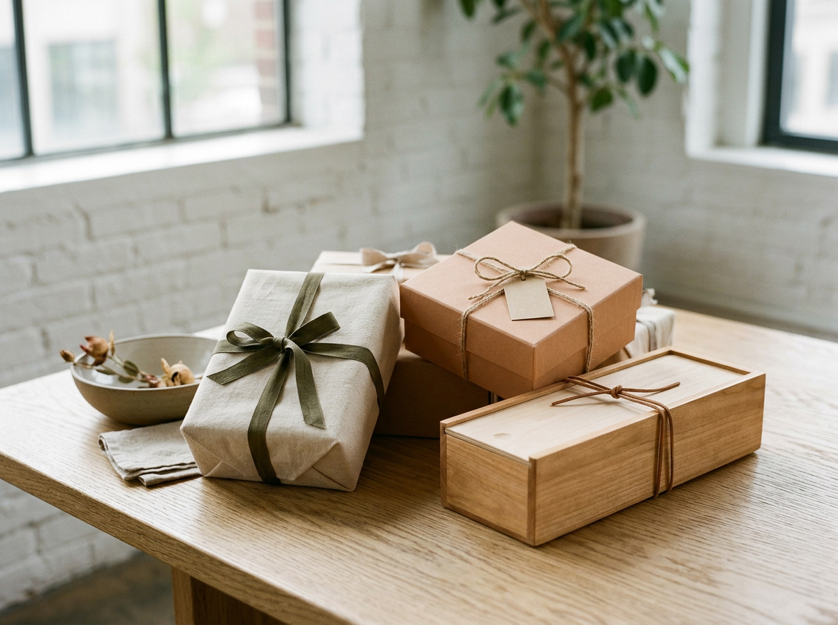 Decorative wrapped gift boxes on a wooden table in a bright room