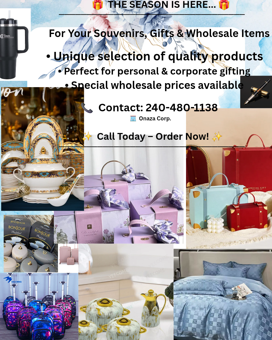 A promotional flyer for holiday gifts featuring various items. Included are a black travel mug, decorative china tea set, lavender-colored gift boxes with bows, small handbags in red, blue, and pink, a set of spherical ornaments, colorful rolling suitcases, gold and white ceramic kitchenware, and a bedroom with a blue bedspread and pillows. The flyer advertises gifts, souvenirs, and wholesale items, with contact information and a call to order.