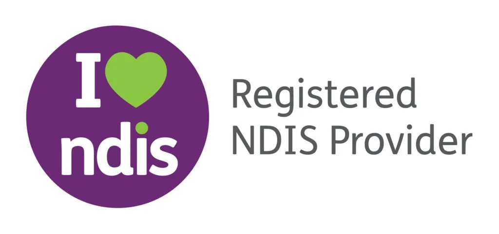 Purple circle with white and green text and heart symbol saying 'I love NDIS' and black text reading 'Registered NDIS Provider'.