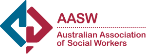 Logo of the Australian Association of Social Workers (AASW) with text and geometric design.