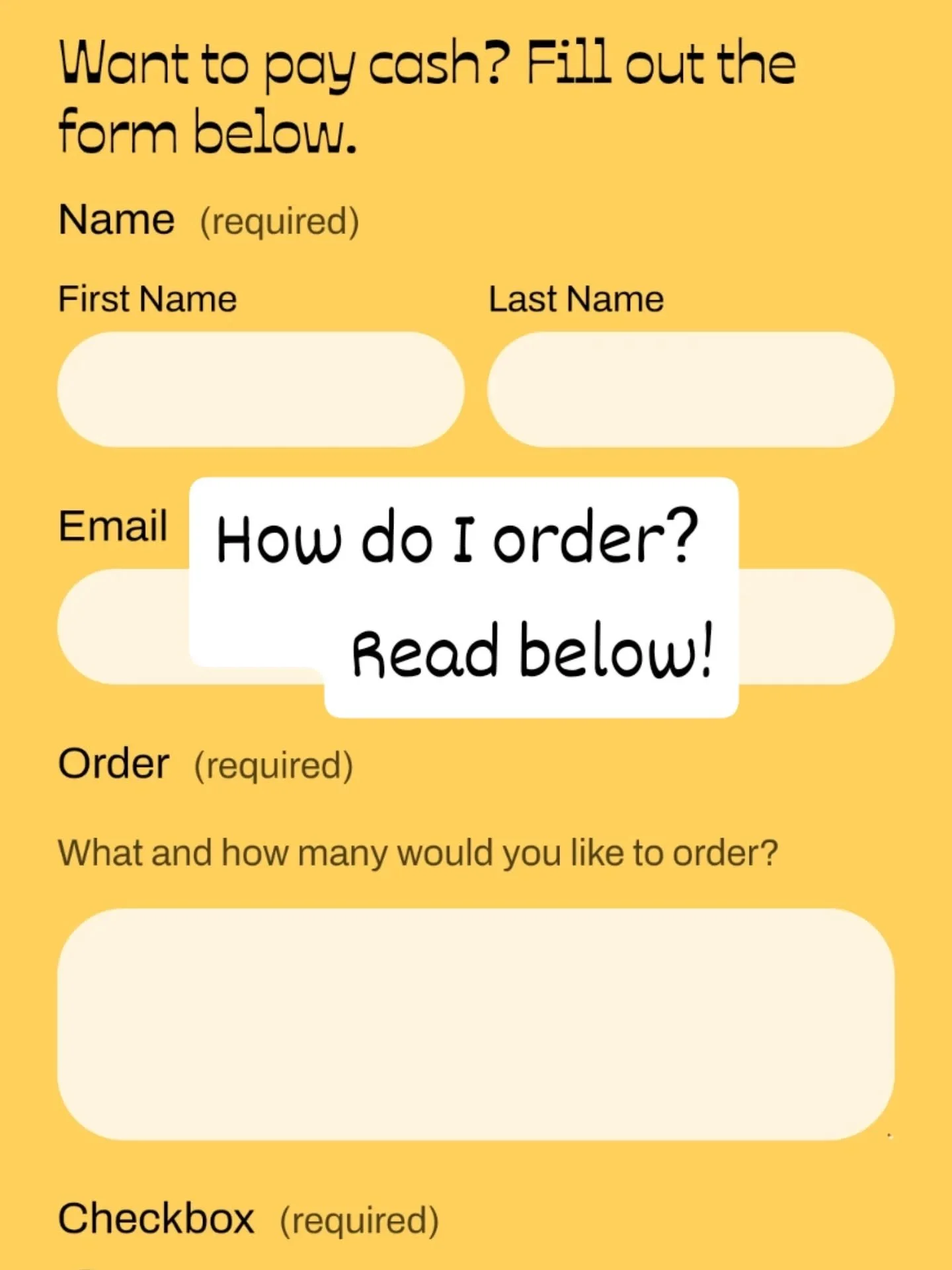 How to make an order in easy steps 
1. Go to  https://www.munchkinscozykitchen.com/ 
2. Click the right top corner (=) . Select  weekly specials 
3. Pick pick add all of them to your cart! 
4. Pay! You can pay online by selecting the number in the co