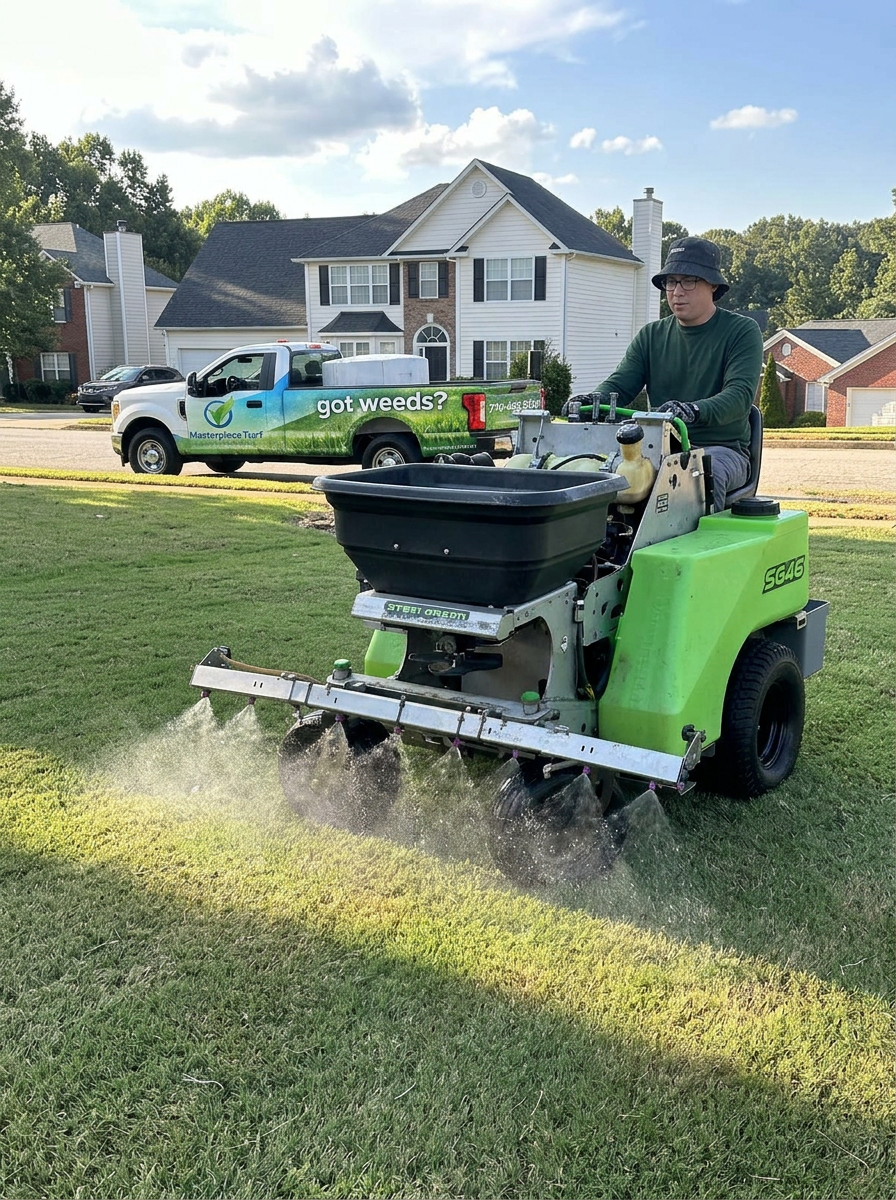 One of our technicians in our spreader/sprayer unit in one of our customers yard, with masterpiece turf truck in the background.