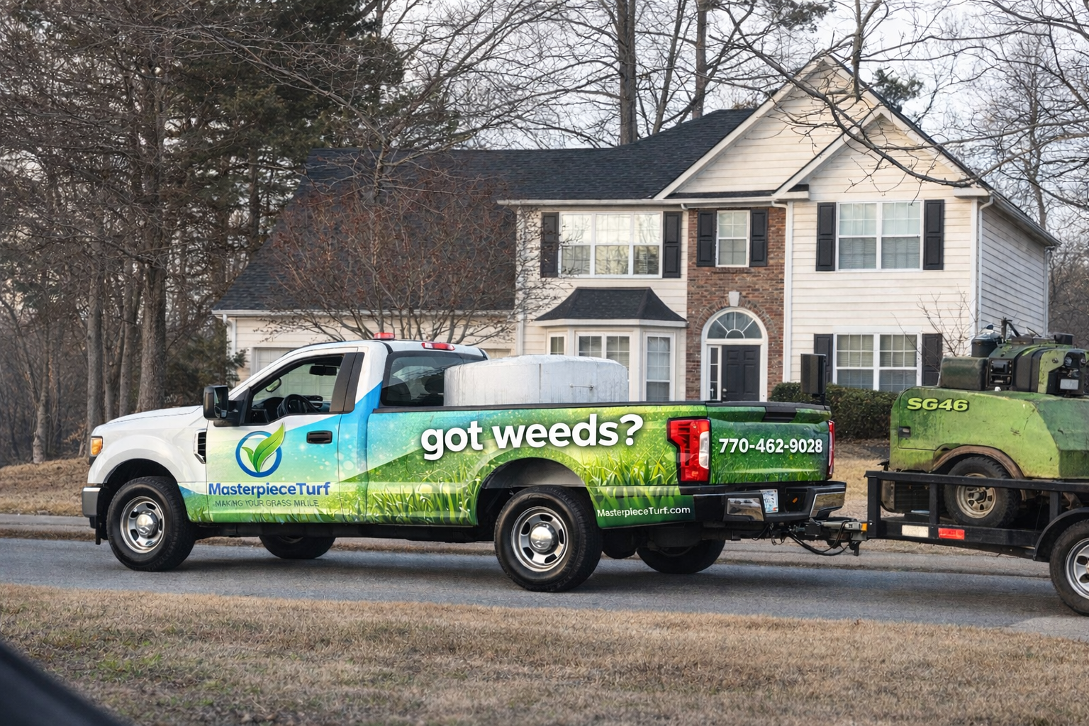 Masterpiece Turf Truck with Wrap working on a alpharetta georgia neighborhood