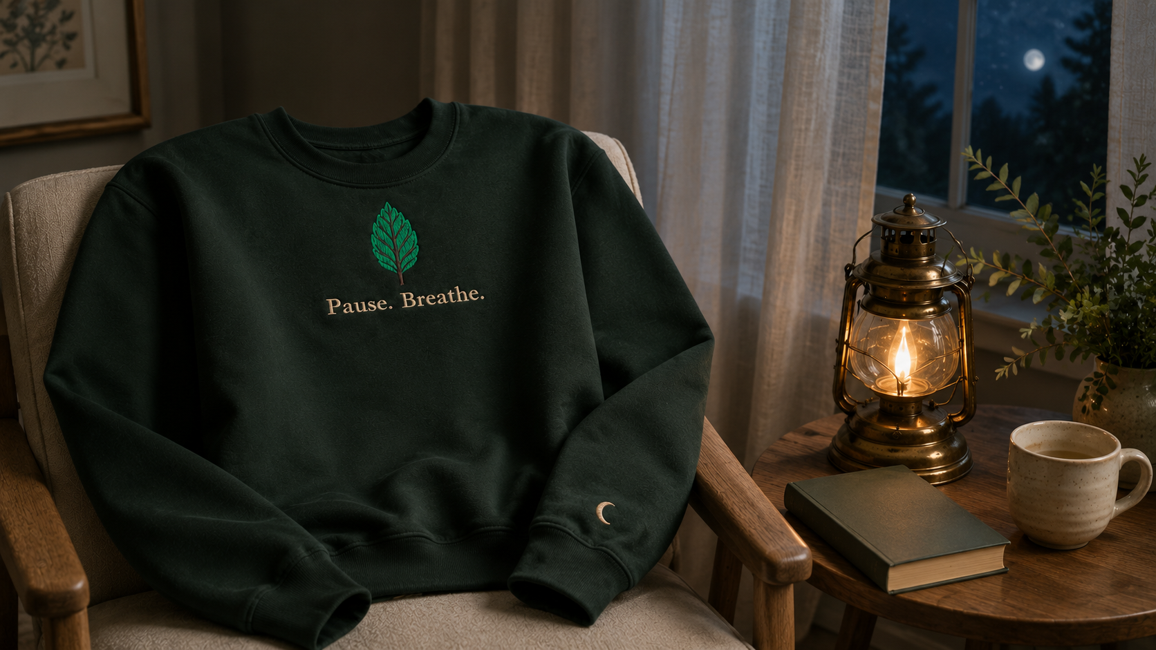 Keeper of Calm™ sweatshirt beside a glowing lantern in a moonlit room