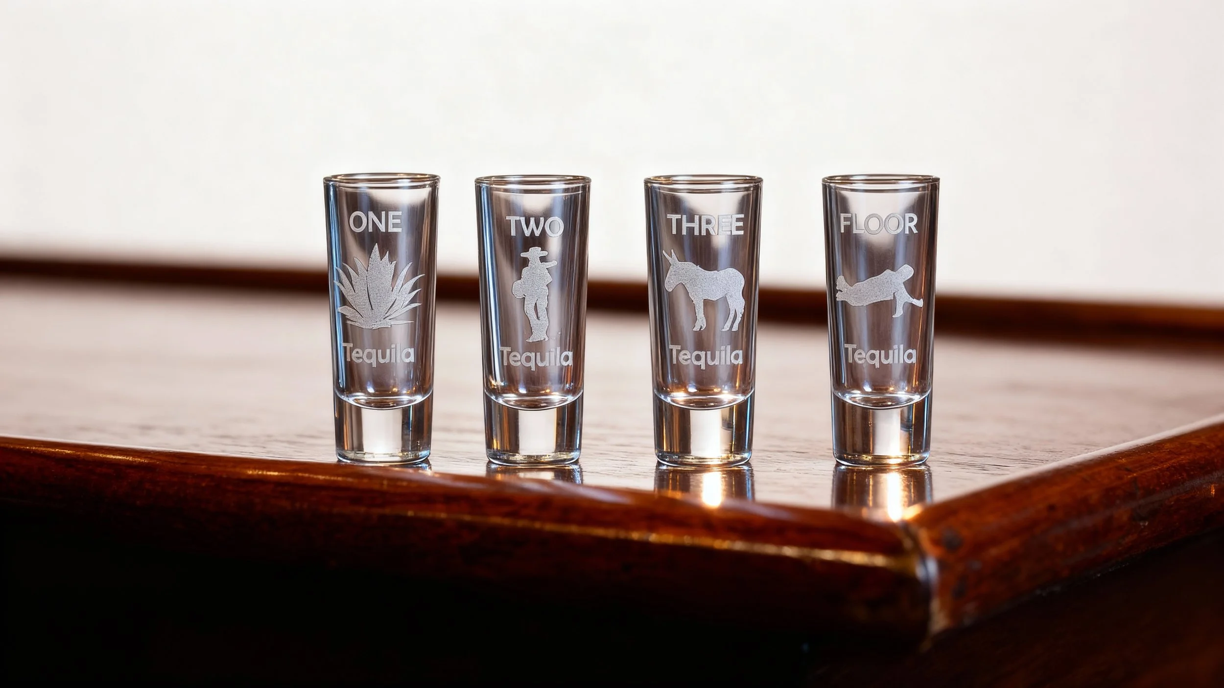 Four clear shot glasses with etched designs and text, placed on a wooden surface. Each glass has a different design: an agave plant labeled "ONE," a man with a hat labeled "TWO," a donkey labeled "THREE," and a dog labeled "FLOOR." all with the word 