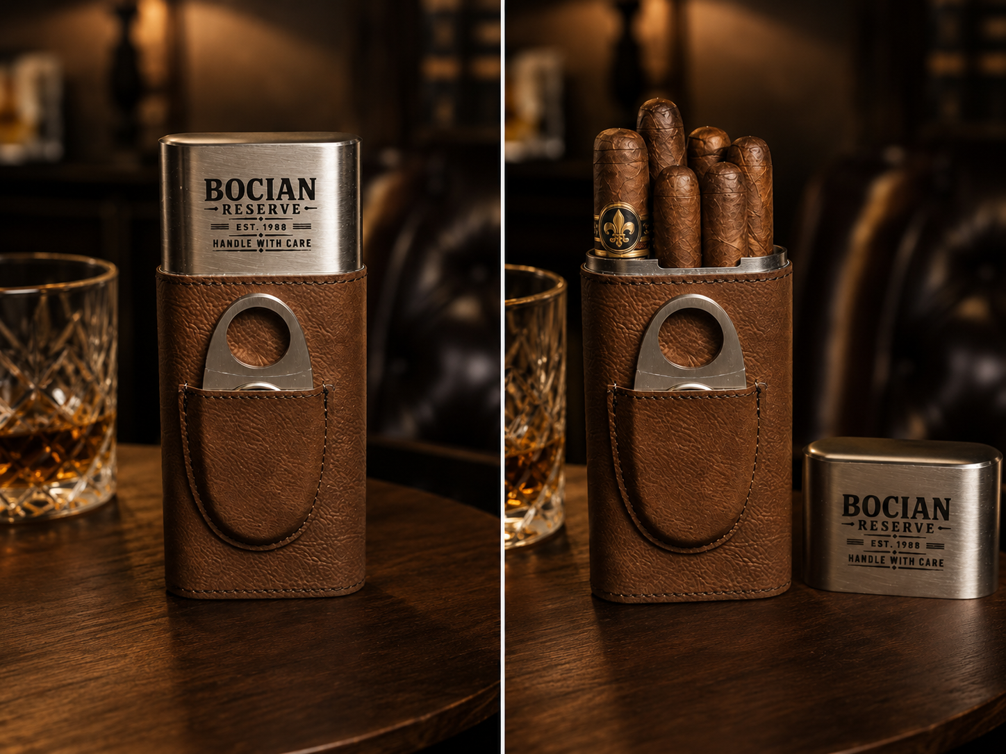 Custom Engraved Leather Cigar Case with Cutter — Personalized Laser Engraved Gift Set