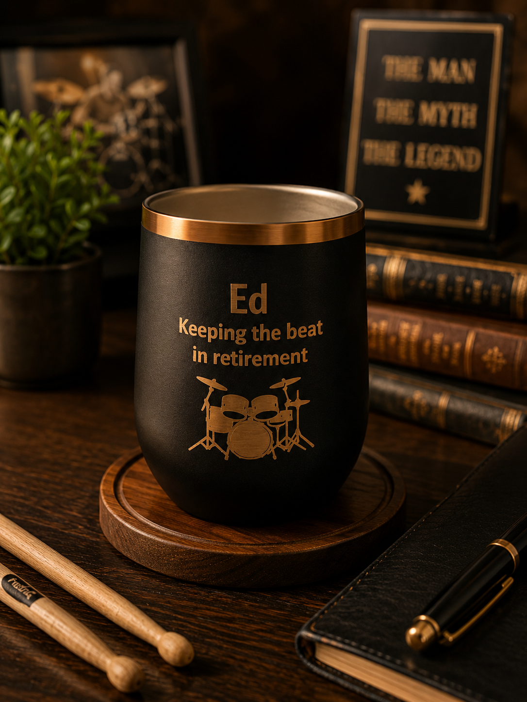 Custom retirement wine tumbler drum kit engraving